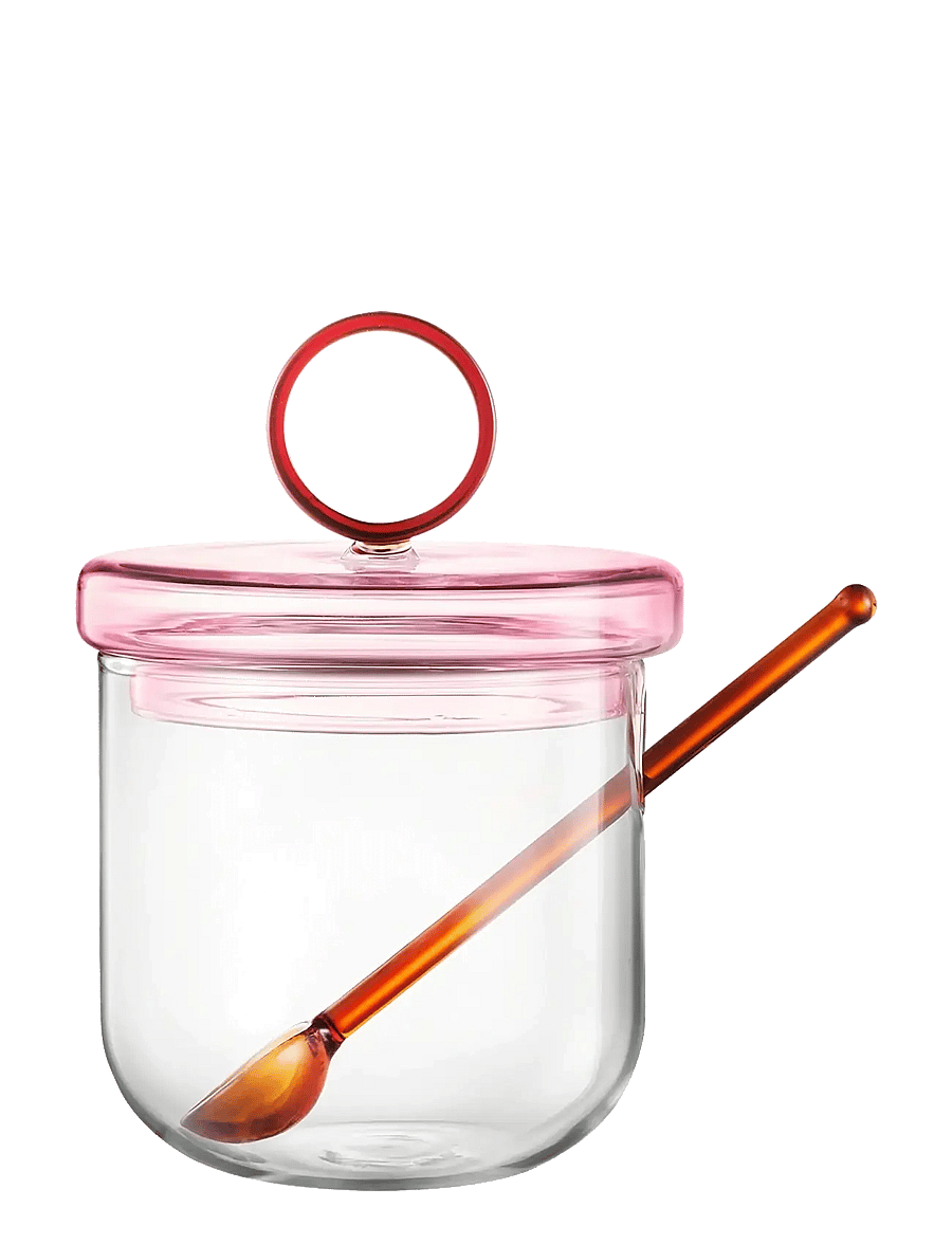 Muurla - Loop sugar jar w lid and spoon 14cm, clear/pink/amber - vorratsgläser - clear - 1