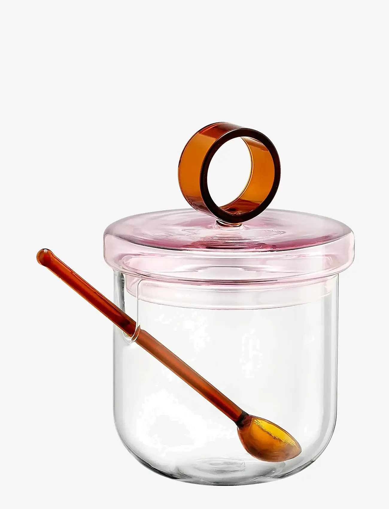 Muurla - Loop sockerburk med lock och sked 14 cm, klar/rosa/bärnsten - förvaringsburkar - clear - 1