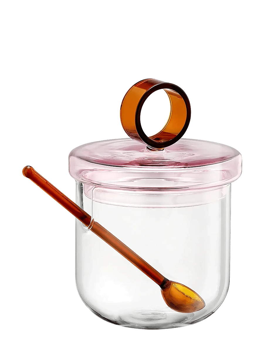 Muurla - Loop sugar jar w lid and spoon 14cm, clear/pink/amber - vorratsgläser - clear - 2