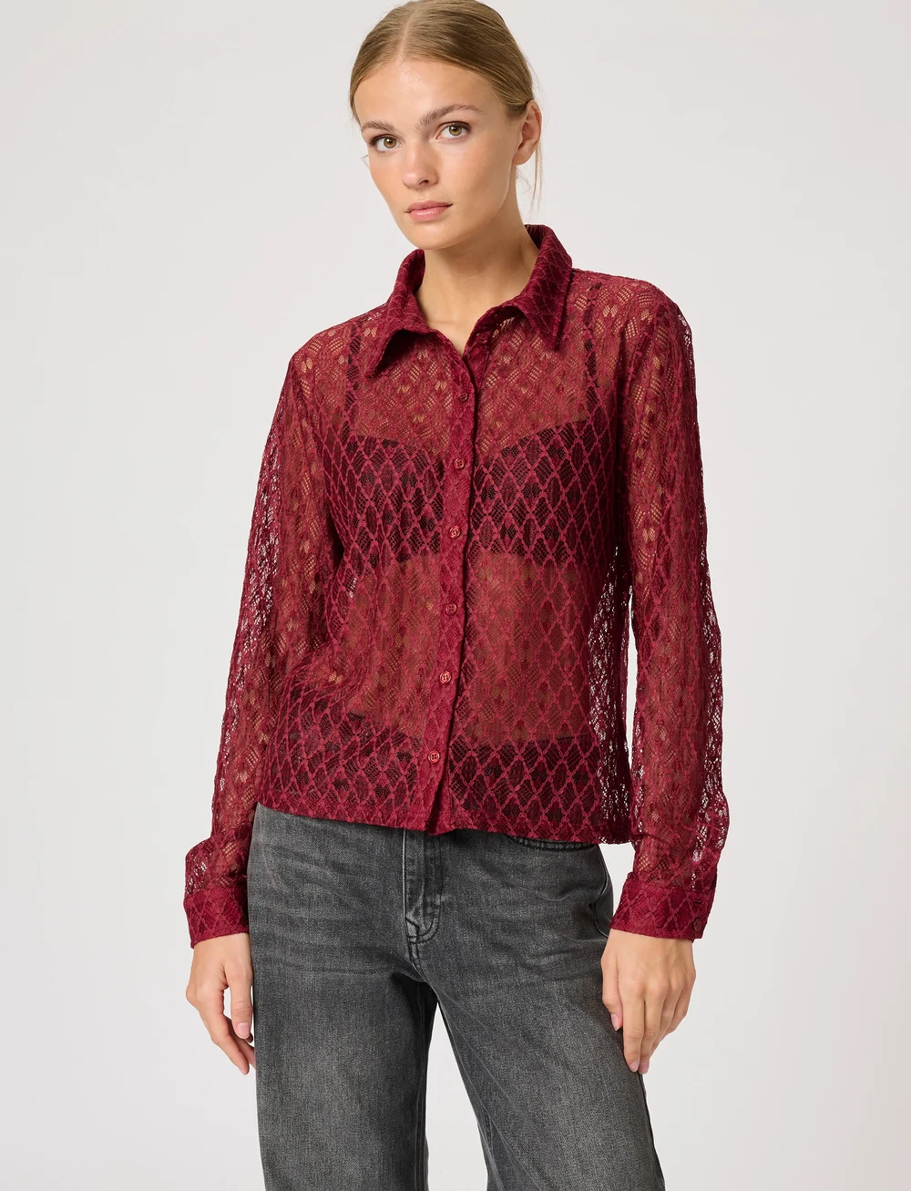 My Essential Wardrobe - ViolaMW Lace Shirt - långärmade skjortor - burgundy red - 0