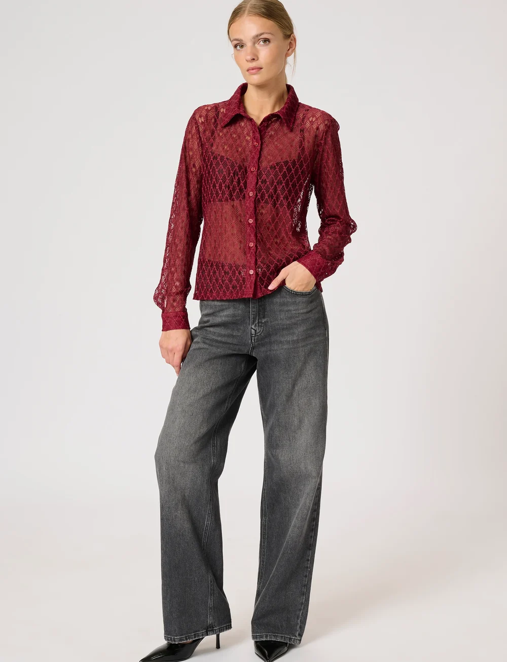 My Essential Wardrobe - ViolaMW Lace Shirt - långärmade skjortor - burgundy red - 3
