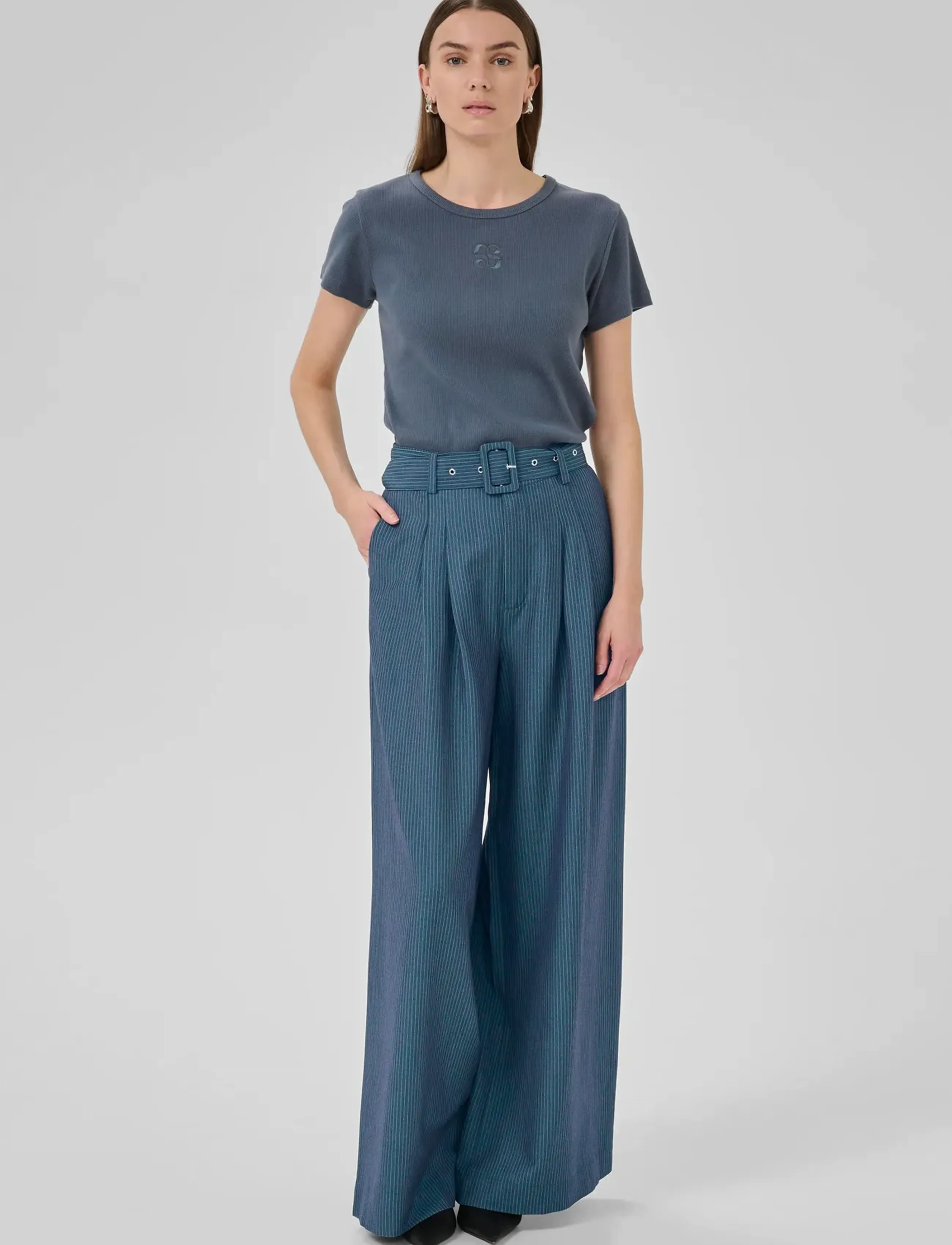 My Essential Wardrobe - VittaMW High Wide Pant - bikses ar platām starām - dark slate w. stripe - 3