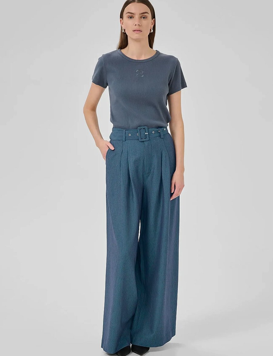 My Essential Wardrobe - VittaMW High Wide Pant - fløjlsbukser - dark slate w. stripe - 3