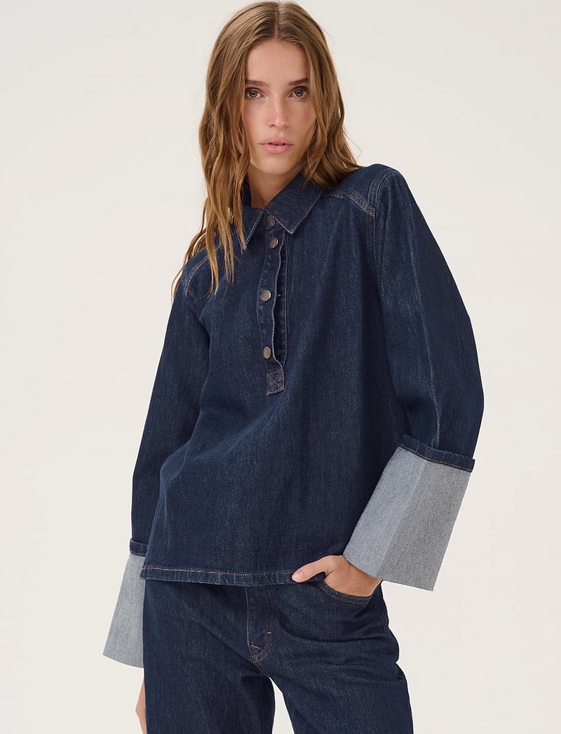 My Essential Wardrobe - AbinaMW 139 Boxy LS Blouse - långärmade blusar - dark blue un-wash - 0