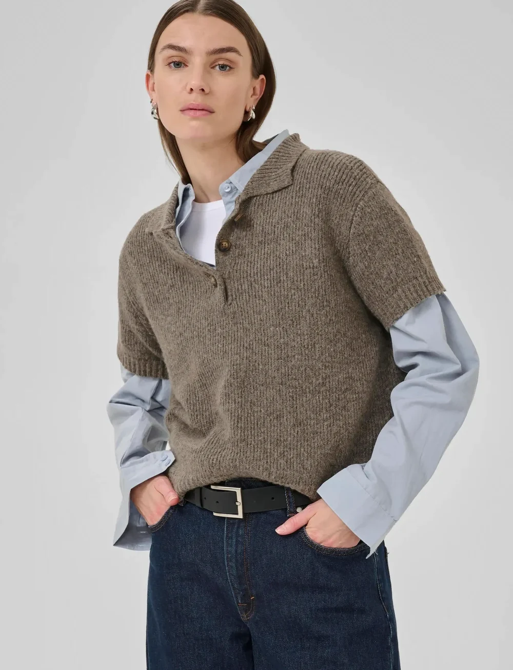 My Essential Wardrobe - PalomaMW Knit Polo SS - stickade tröjor - brown melange - 0