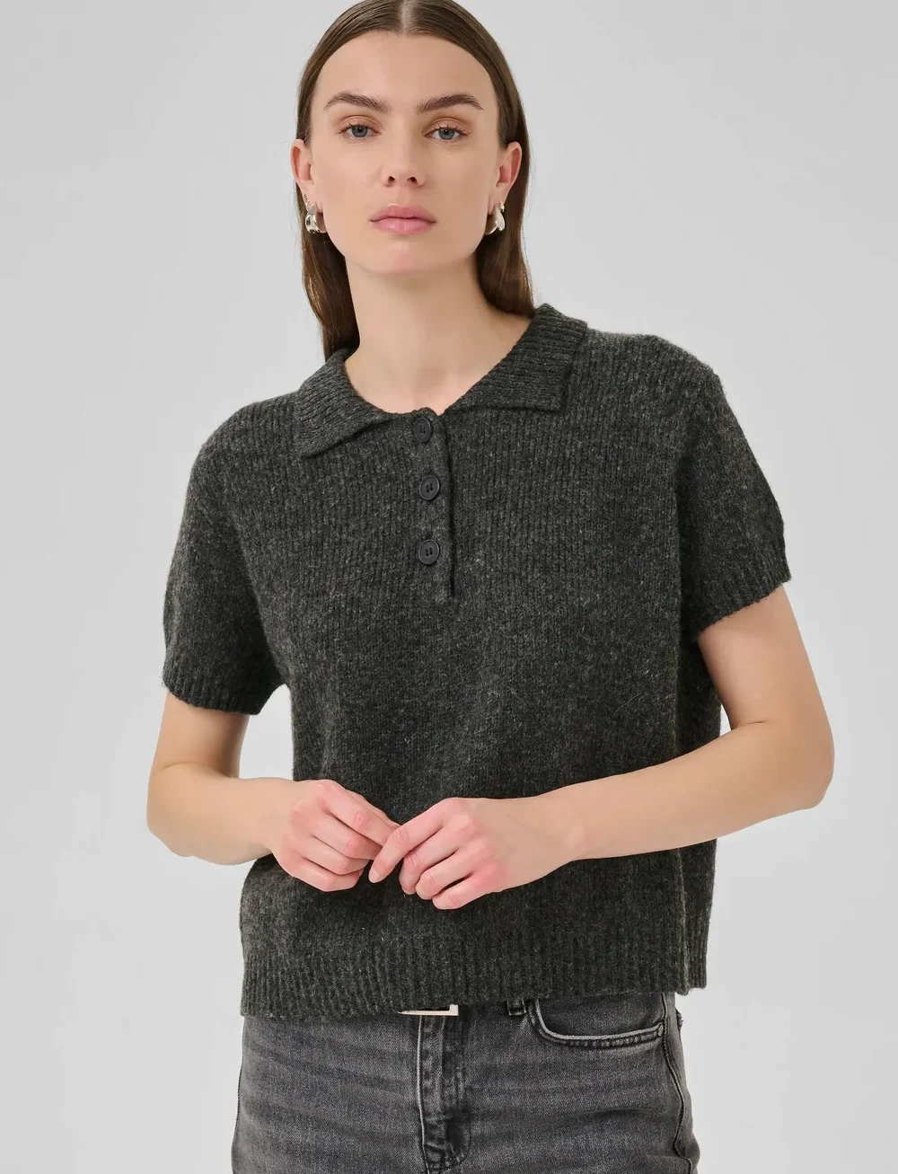 My Essential Wardrobe - PalomaMW Knit Polo SS - sviitrid - dark grey melange - 0