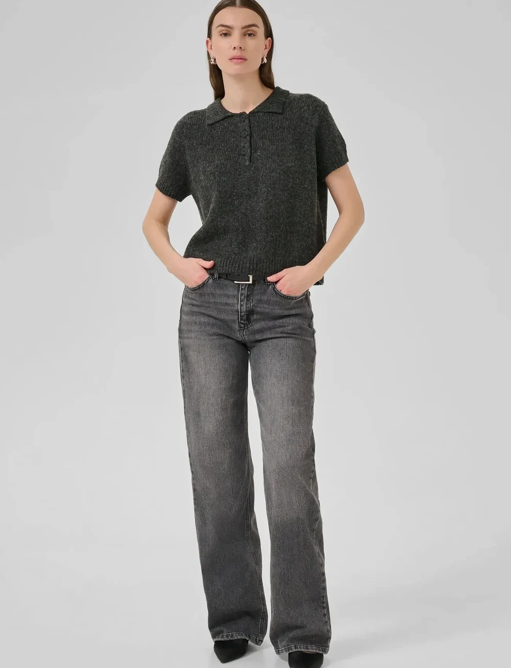 My Essential Wardrobe - PalomaMW Knit Polo SS - sviitrid - dark grey melange - 3