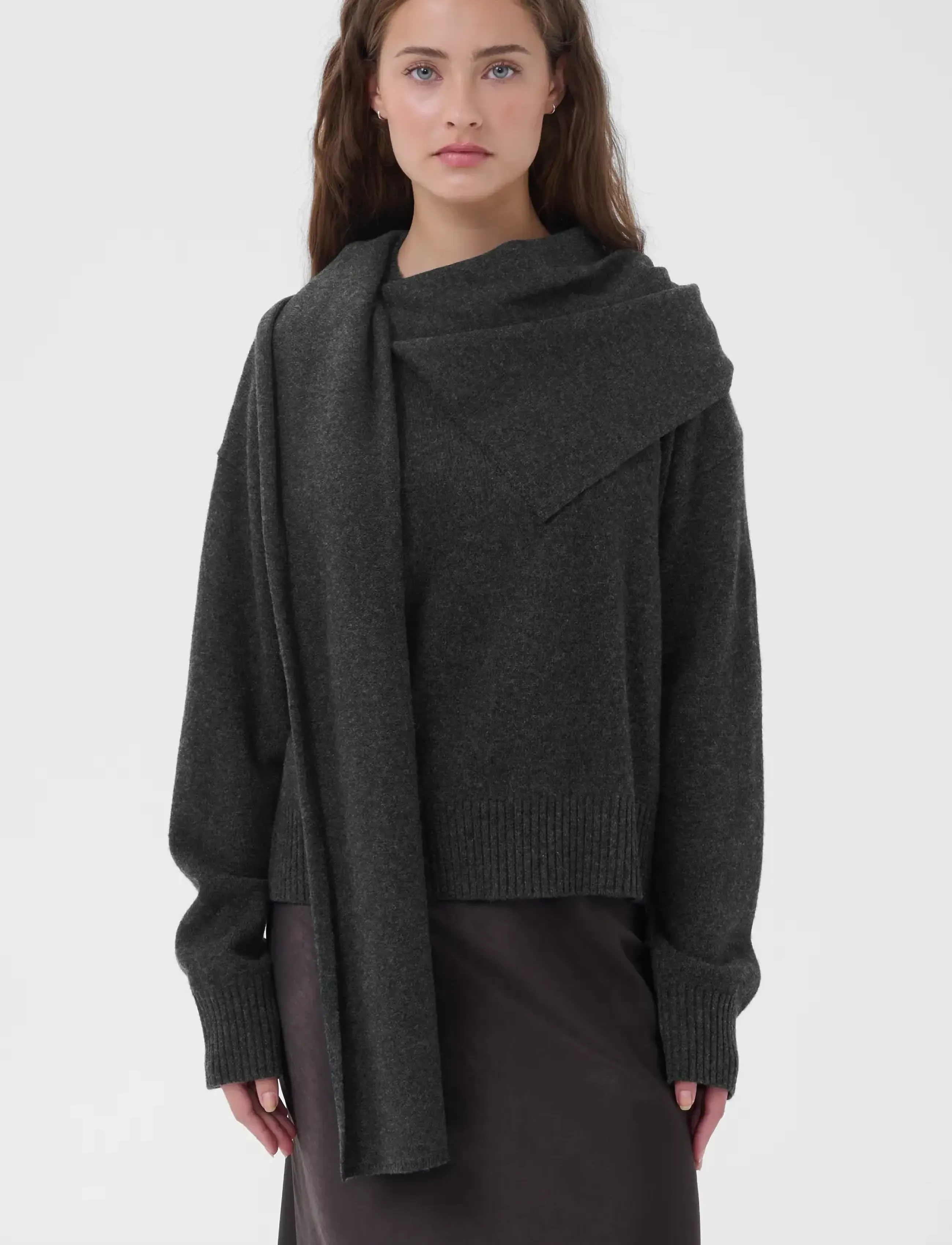 My Essential Wardrobe - MWTracy Knit Scarf Pullover - stickade tröjor - dark grey melange - 2
