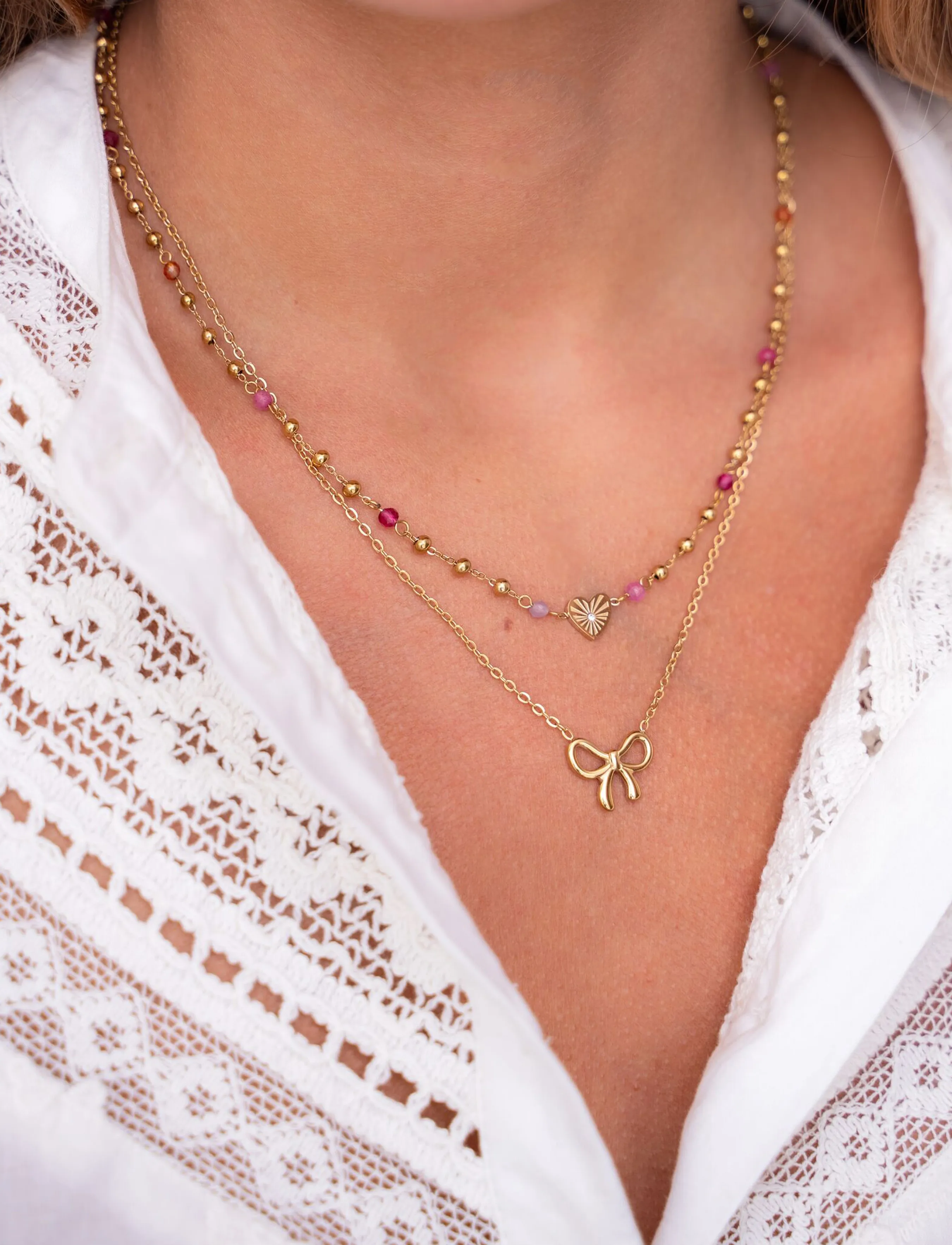 My Jewellery - Necklace with heart & beads pink - gold - 1