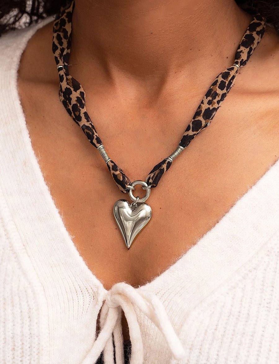 My Jewellery - Necklace leopard cord heart - statement kaelakeed - silver - 0