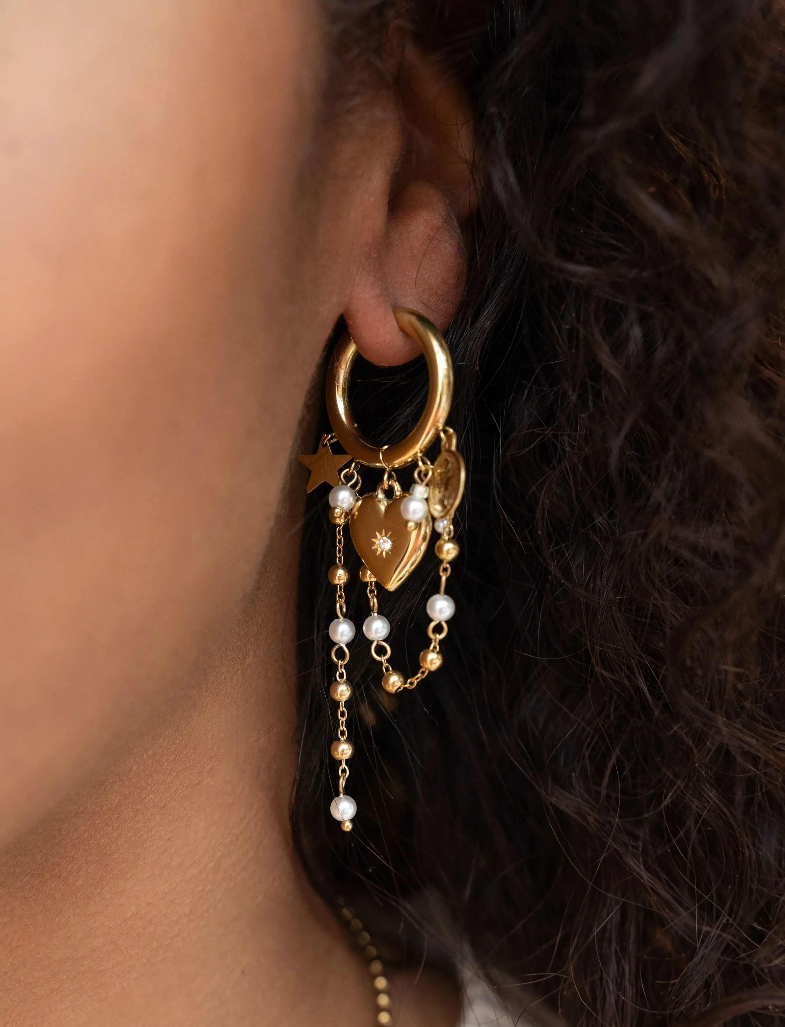 My Jewellery Earrings Heart Pearl String, One Size, Earrings, Gold - Hoops, Frauen