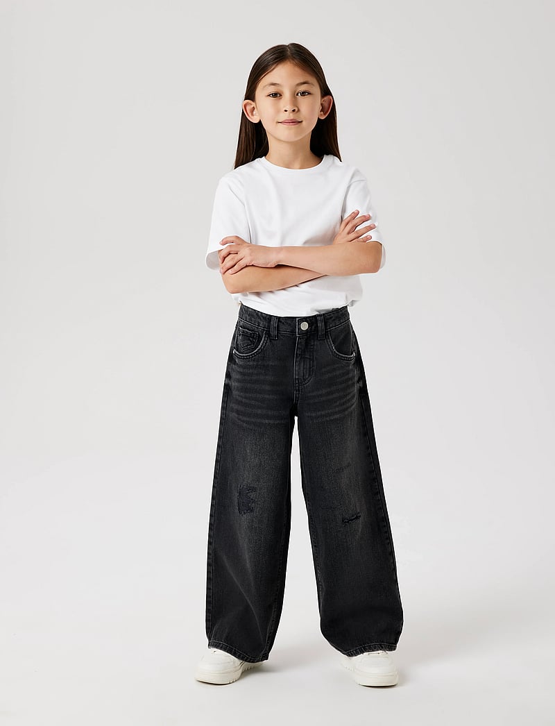 name it - NKFROSE HW WIDE JEANS DESTR 1411-BE NOOS - hosen mit weitem bein - black denim - 0