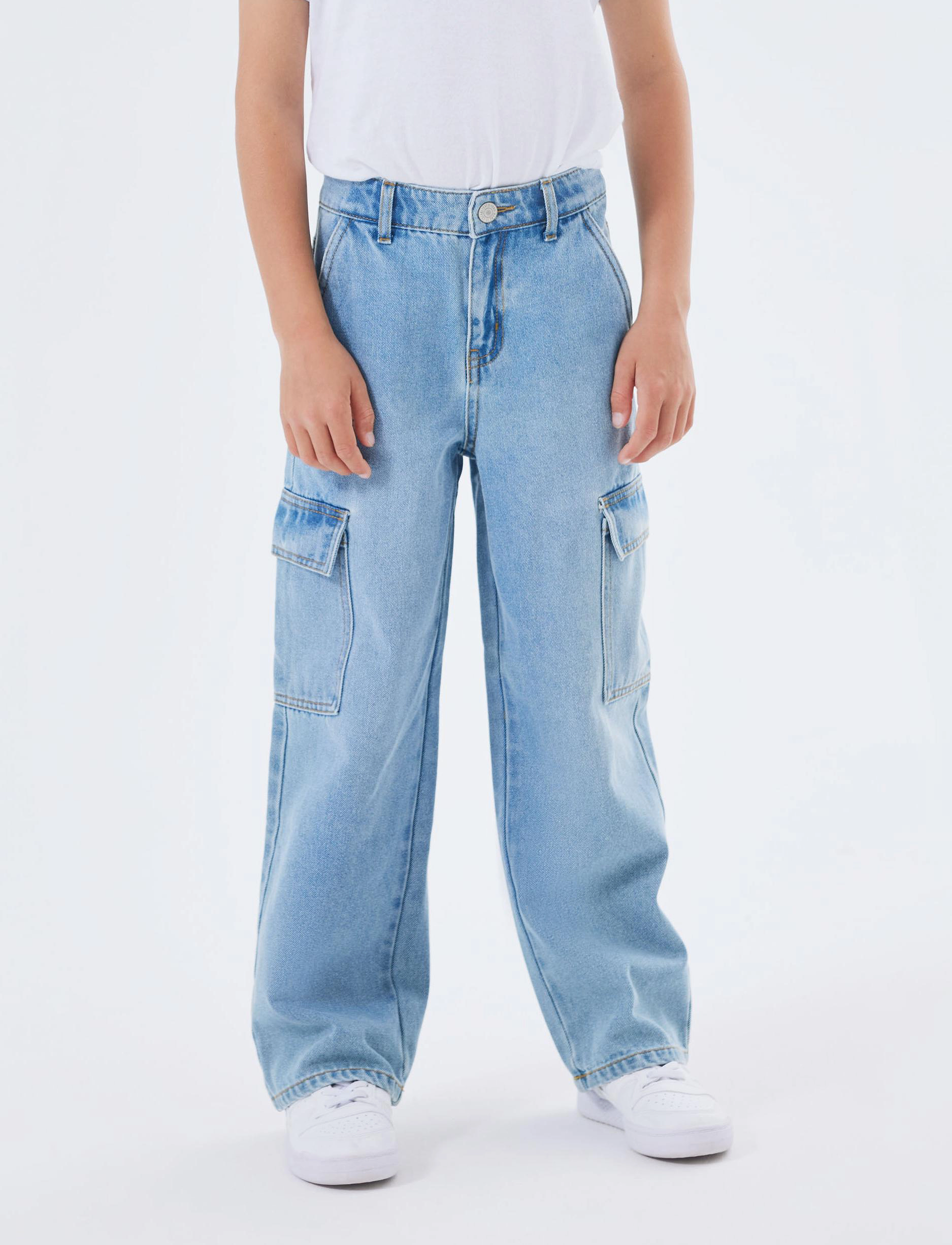 name it Nkfrose Wide Hw Cargo Jeans 6190-Bs Noos, Børn, Højtaljede Brede Cargo Jeans, Blå, Str: 176