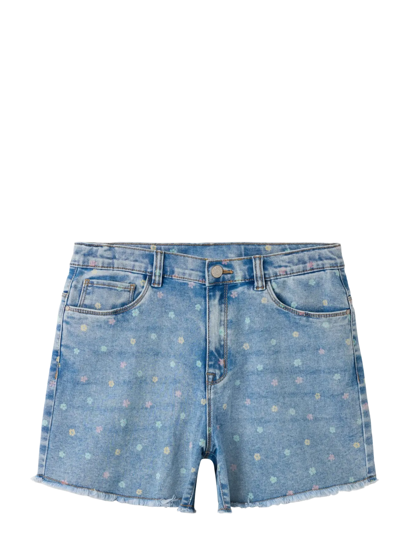 name it Nkfrose Hw Mom Dnm Shorts 3555-On Noos, Børn, Højtaljede Mom Fit Blomsterprint Denim Shorts, Blå, Str: 164