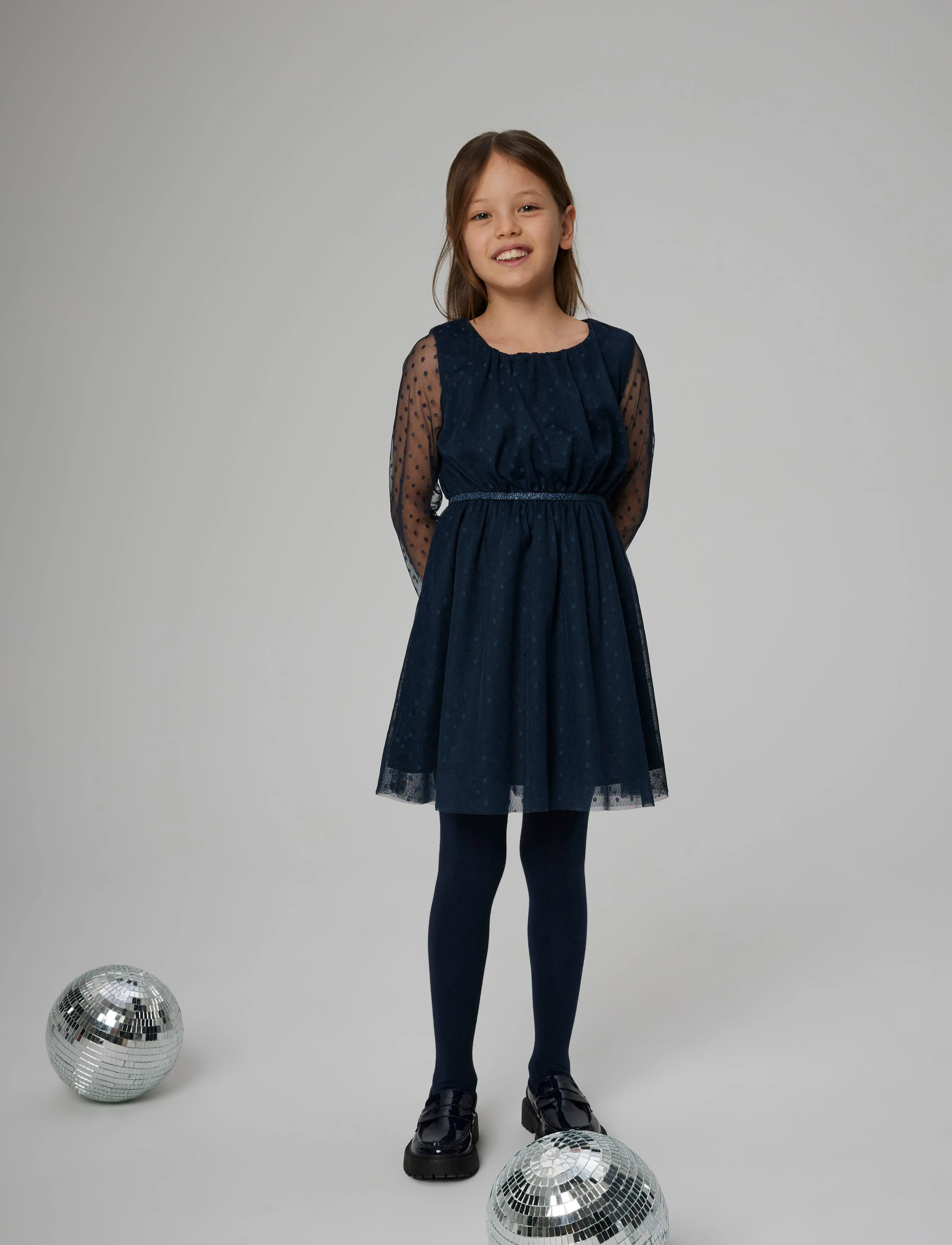 name it Nkfvabos Ls Dress Noos, Børn, Prikket Mesh Langærmet Kjole, Navy, Str: 116