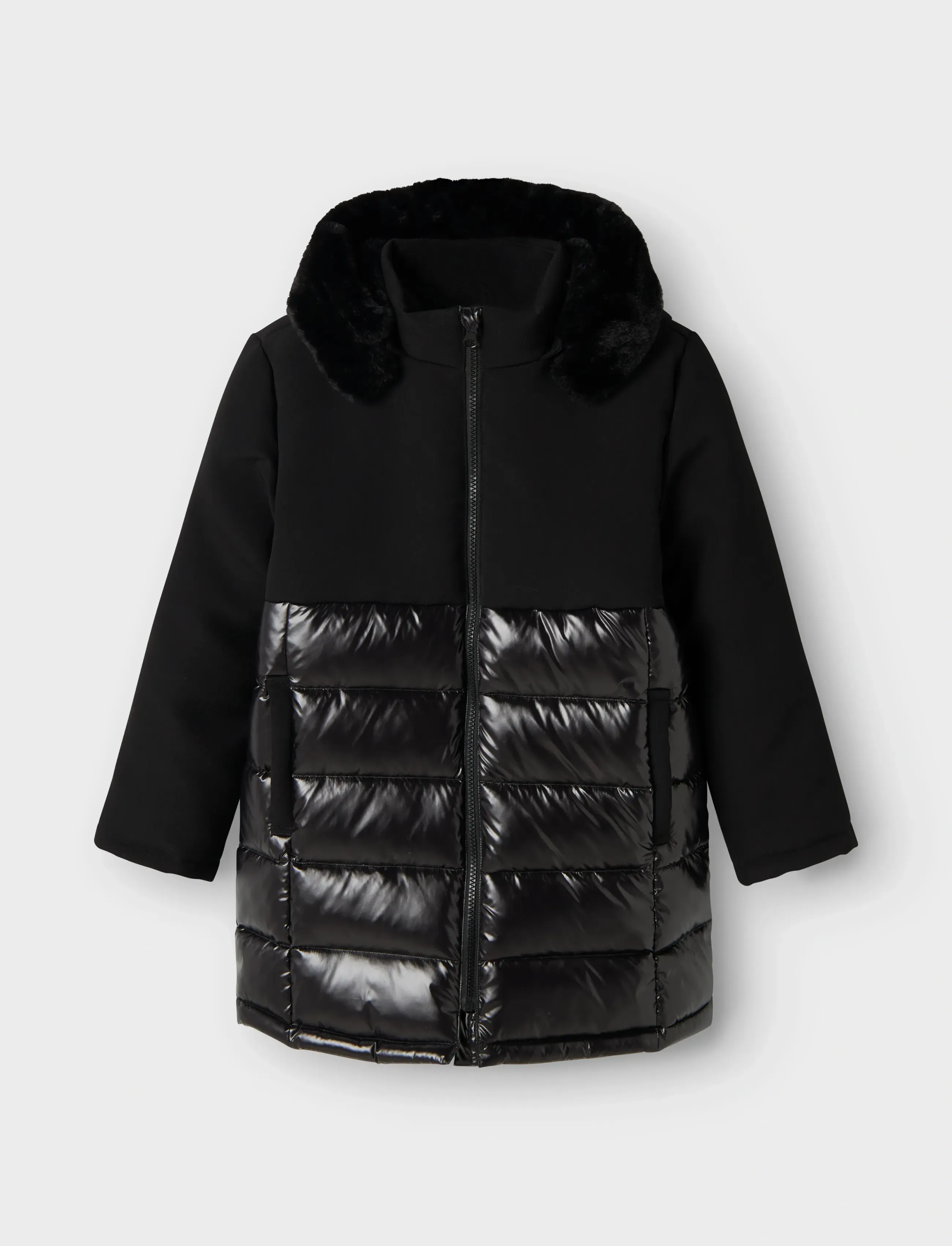 name it Nkfmarol Jacket Long1, Børn, Lang Vatteret Jakke med Faux Fur Krave, Sort, Str: 152