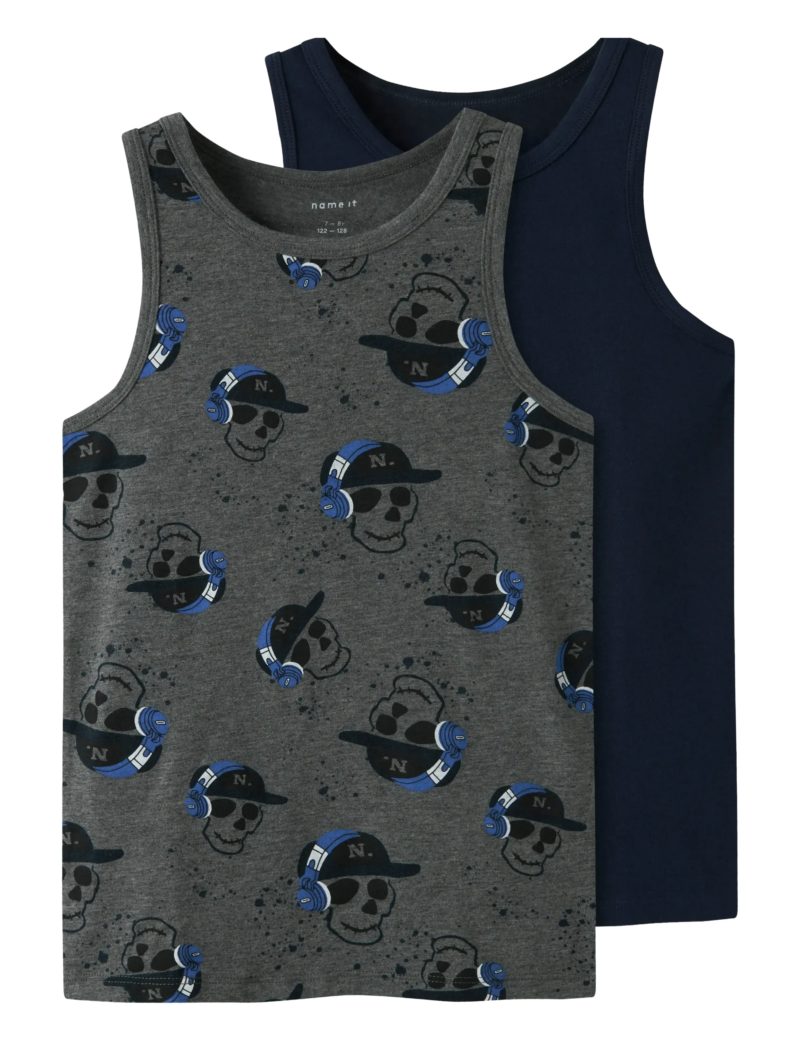 name it NKMTANK TOP 2P DARK GREY MEL SKULL NOOS - 4 for 3 - DARK GREY MELANGE / navy