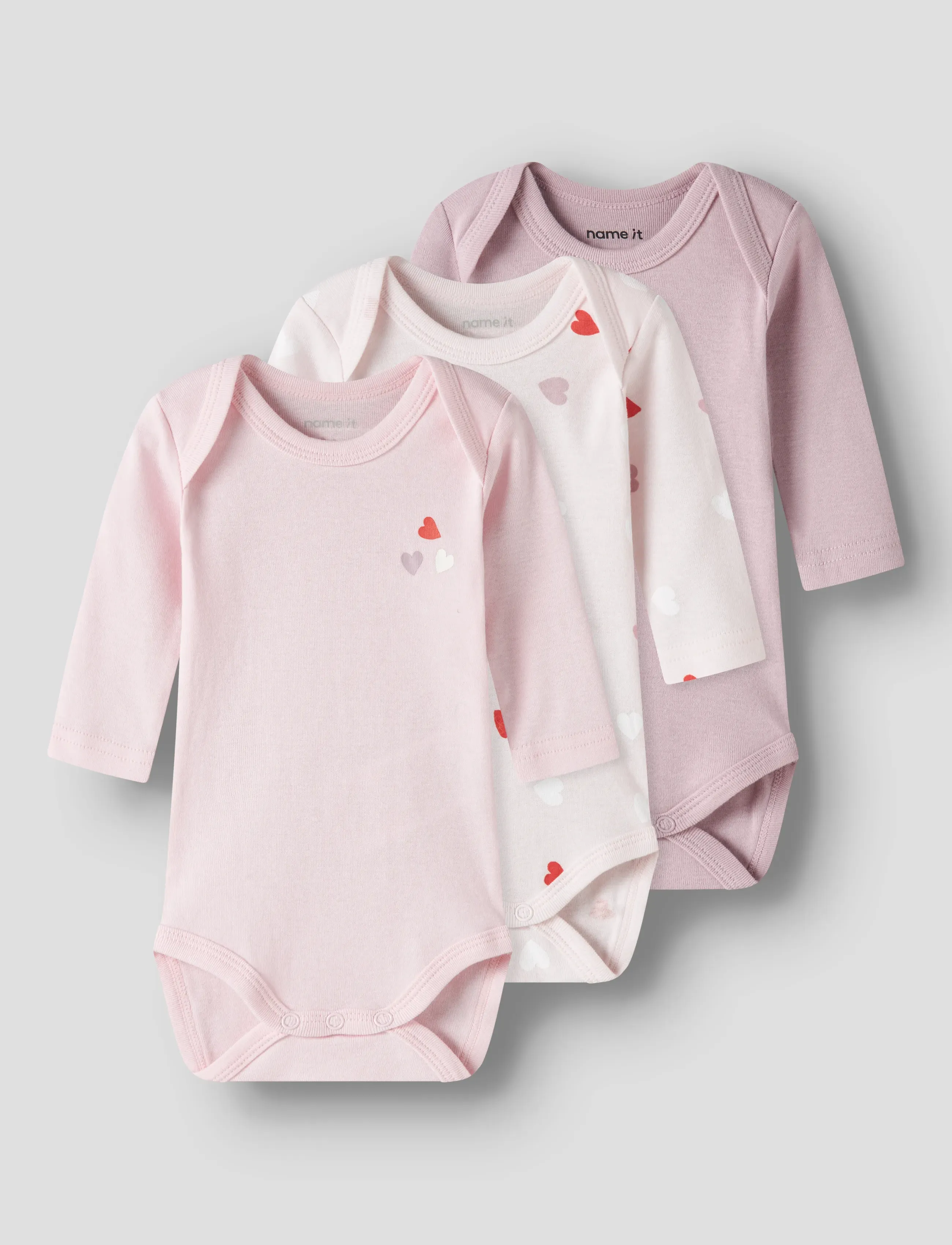 name it Nbfbody 3P Ls Carinaria Heart Noos, Børn, Langærmet Hjerteprint Baby Body 3-Pak, Pink, Str: 50