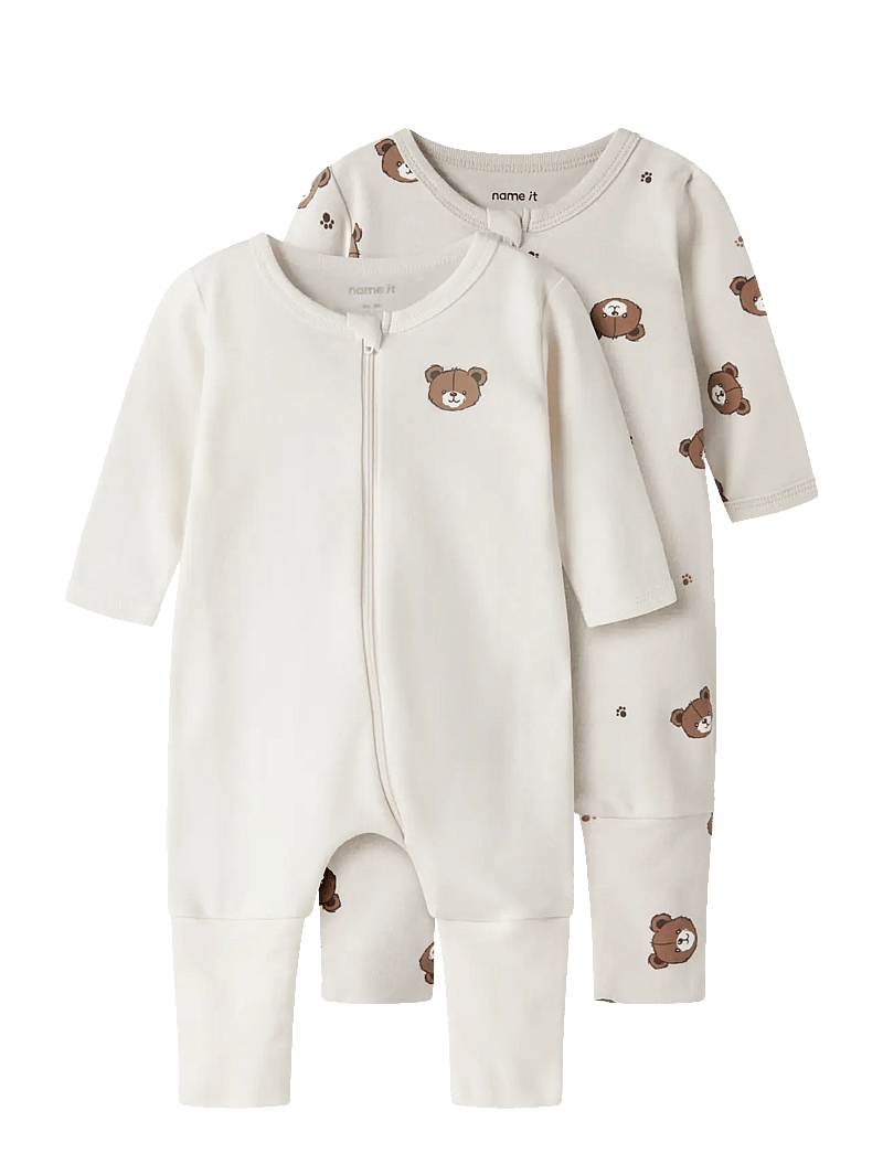 name it - NBNNIGHTSUIT 2P ZIP FF PUMICE BEAR NOOS - schlafoveralls - pumice stone - 1