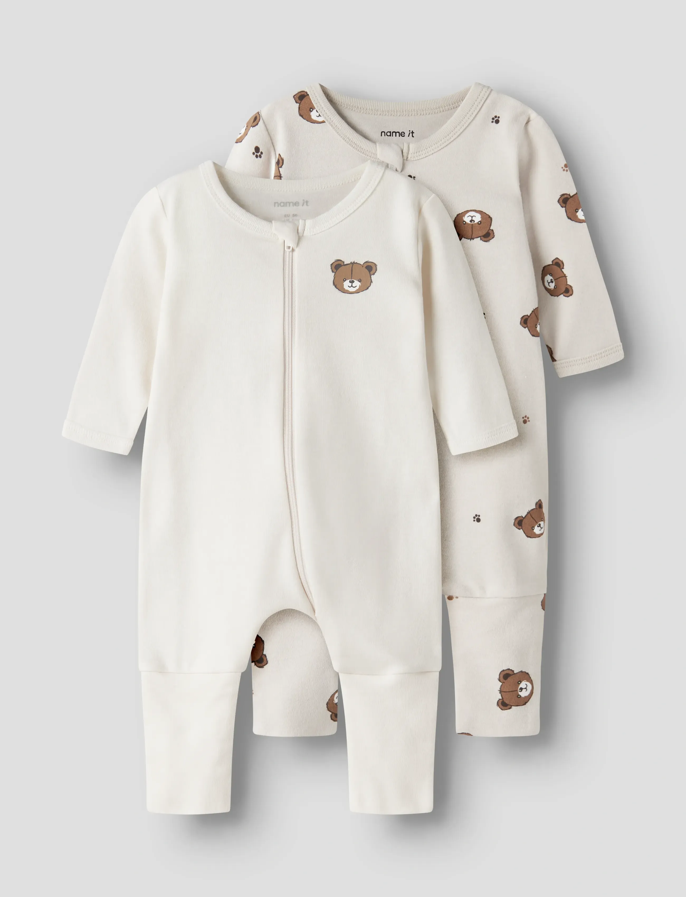 name it Nbnnightsuit 2P Zip Ff Pumice Bear Noos, Børn, Baby Sovedragt 2-Pak, Cream, Str: 56
