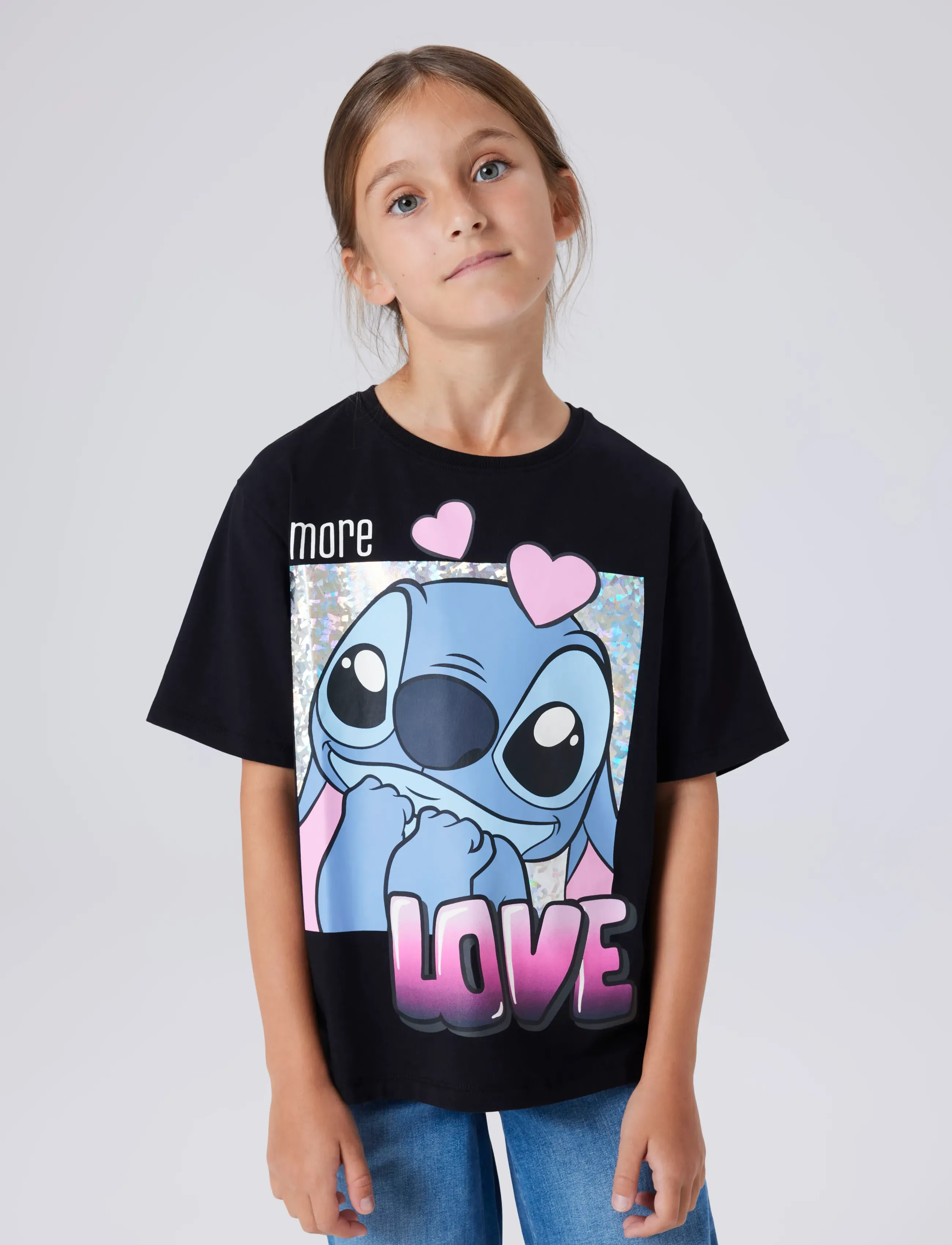 name it Nkffora Stitch Ss Nreg Top Box Noos Wdi, Børn, Stitch Printet T-shirt, Sort, Str: 116