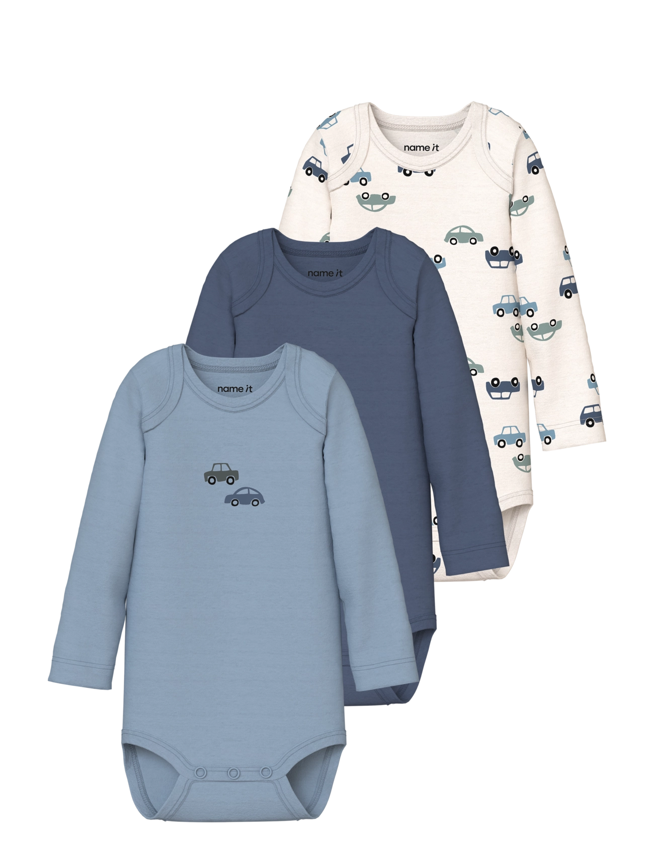name it Nbmbody 3P Ls Car Noos, Børn, Baby Langærmet Body Med Bilmotiv 3-Pak, Blå, Str: 86