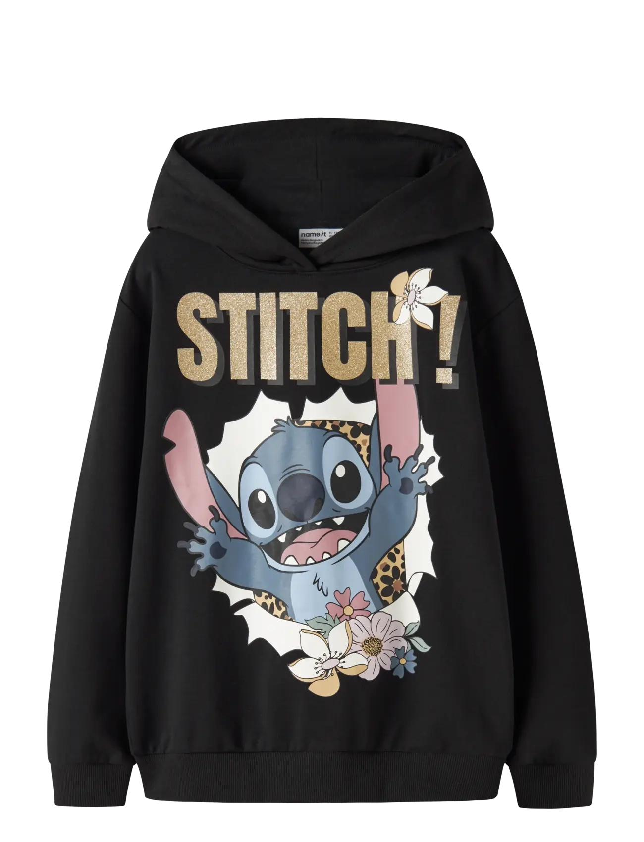 name it Nkfjynda Stitch Nreg Swe Wh Bru Noos Wdi, Børn, Stitch Print Hættetrøje, Sort, Str: 116