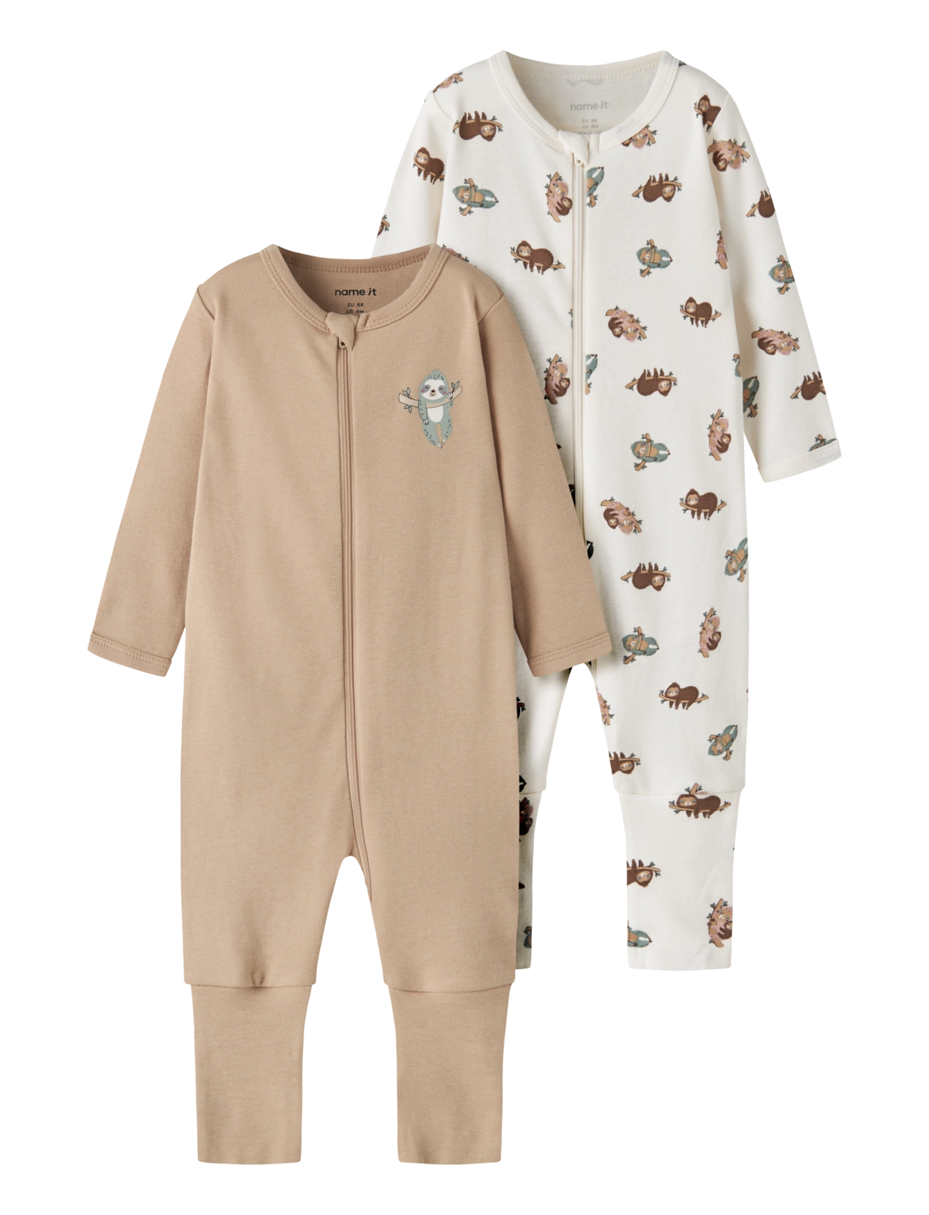 name it Nbnnightsuit 2P Zip Ff Sloth Noos, Børn, 2-Pak Lynlås Sovedragter, Beige, Str: 92
