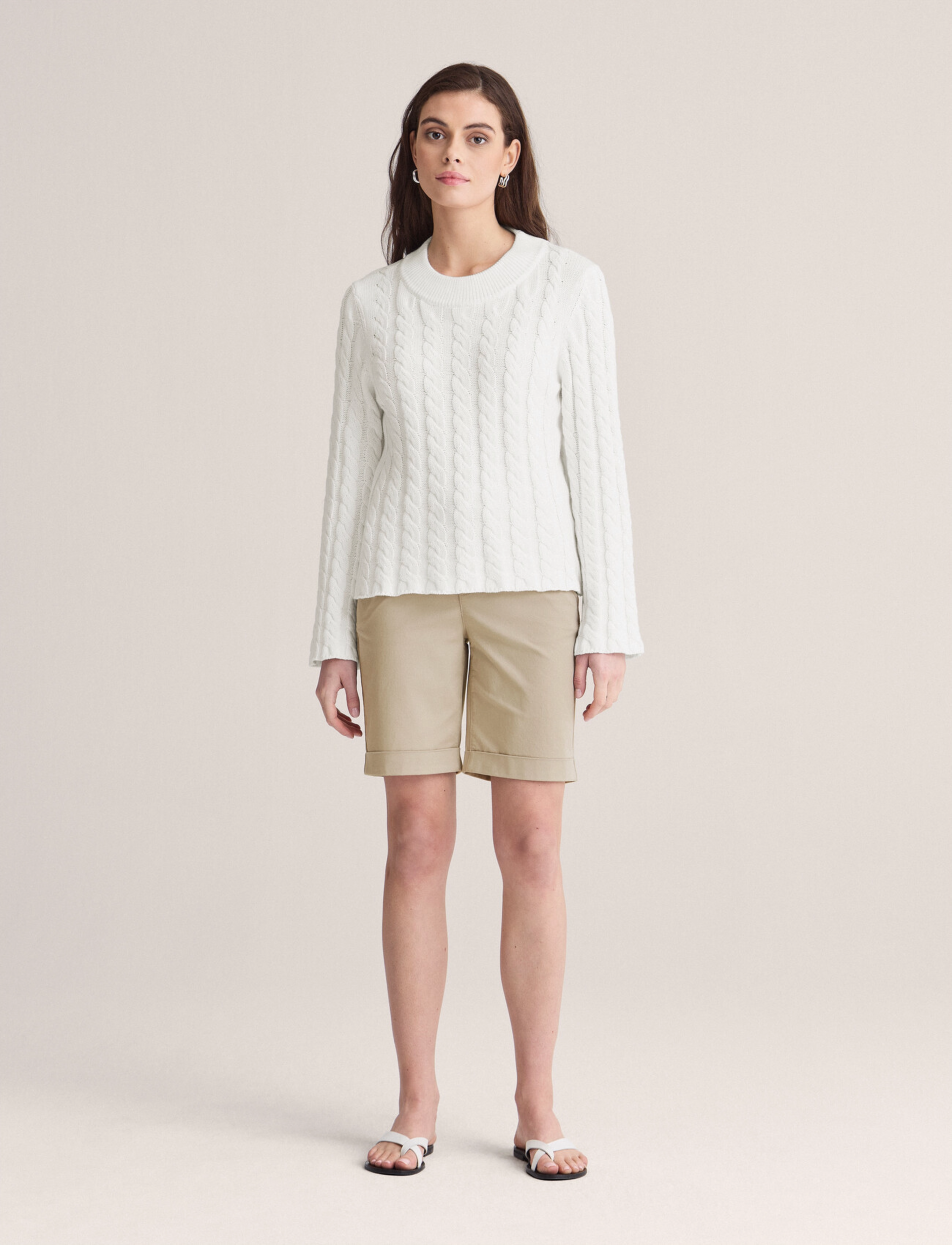 Newhouse Mandy Cable Sweater, Damen, Mock Neck Zopfstrickpullover, Weiß, Gr.M