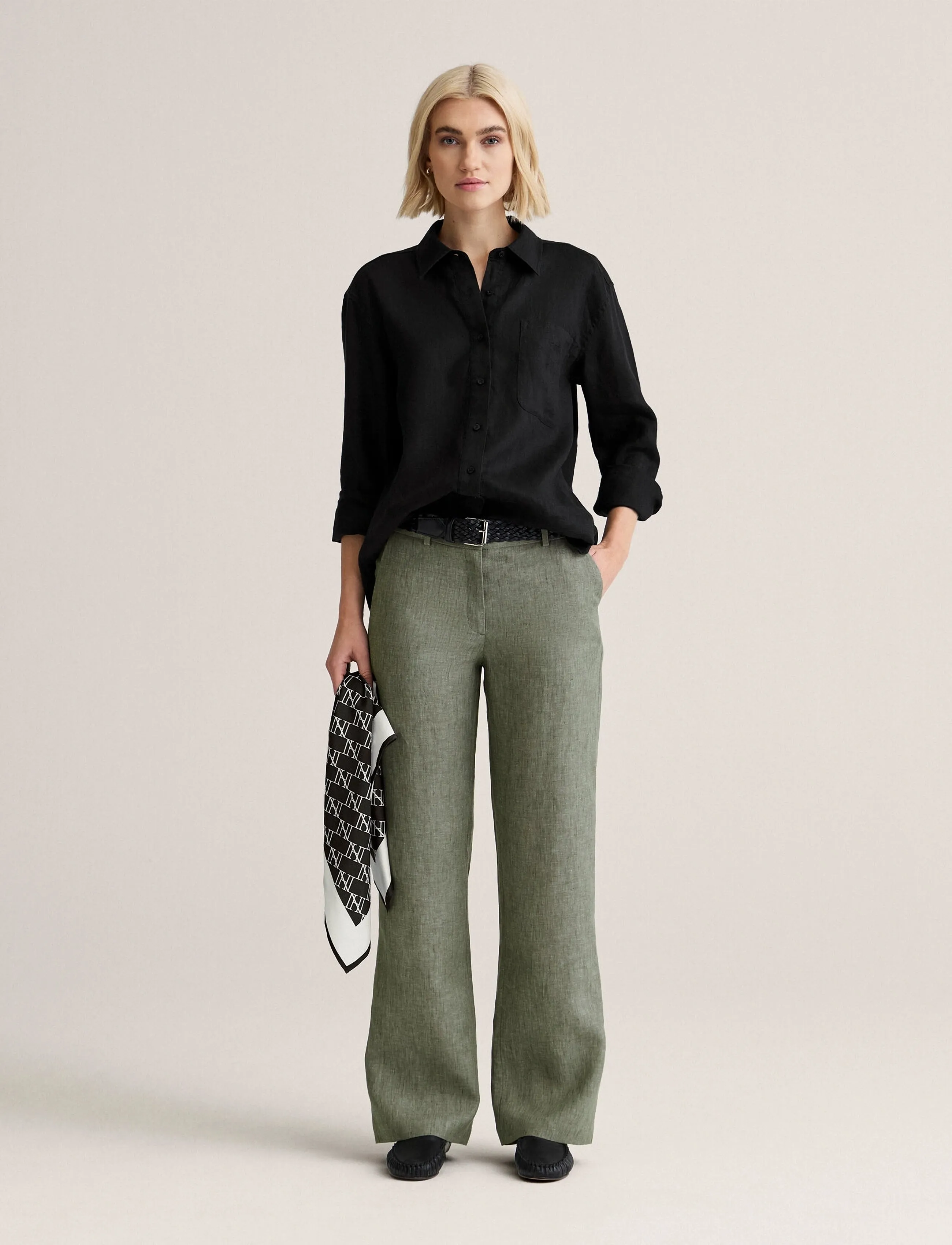Newhouse Amanda Linen Trousers - Transitional Layering - GREEN MELANGE / green