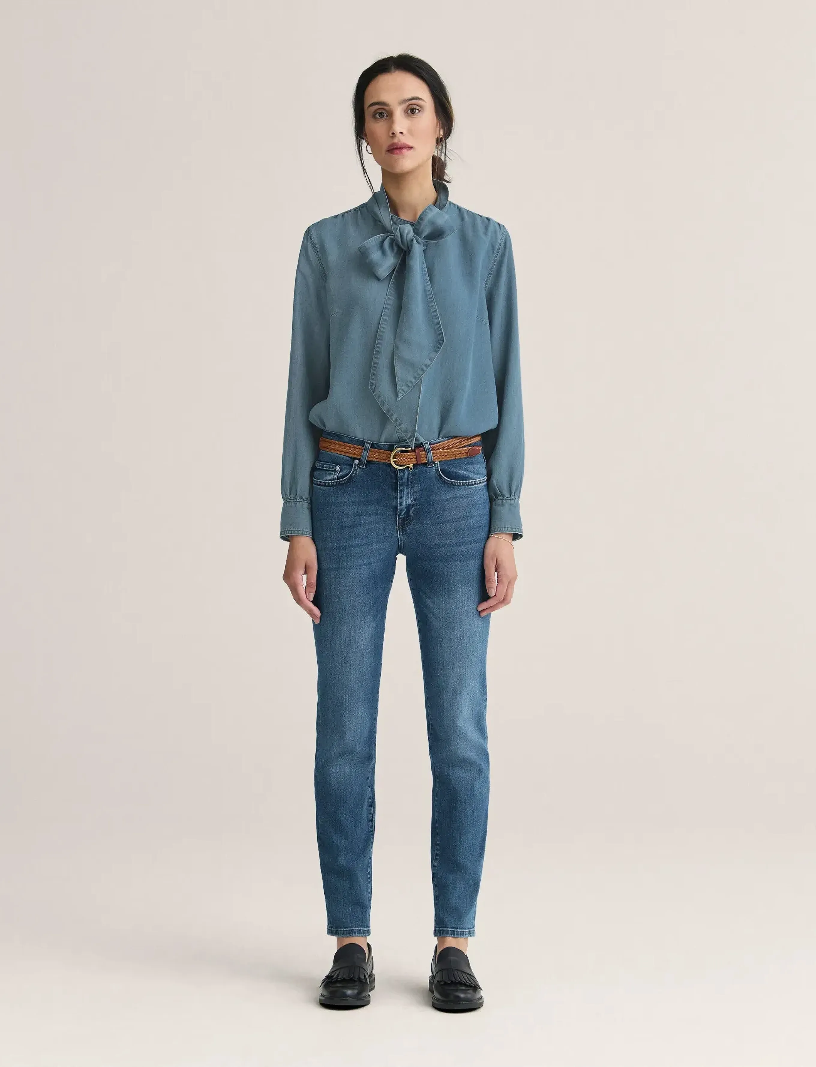 Newhouse Denise Denim Blouse, Kvinder, Sløjfe Bluse, Blå, Str: 34