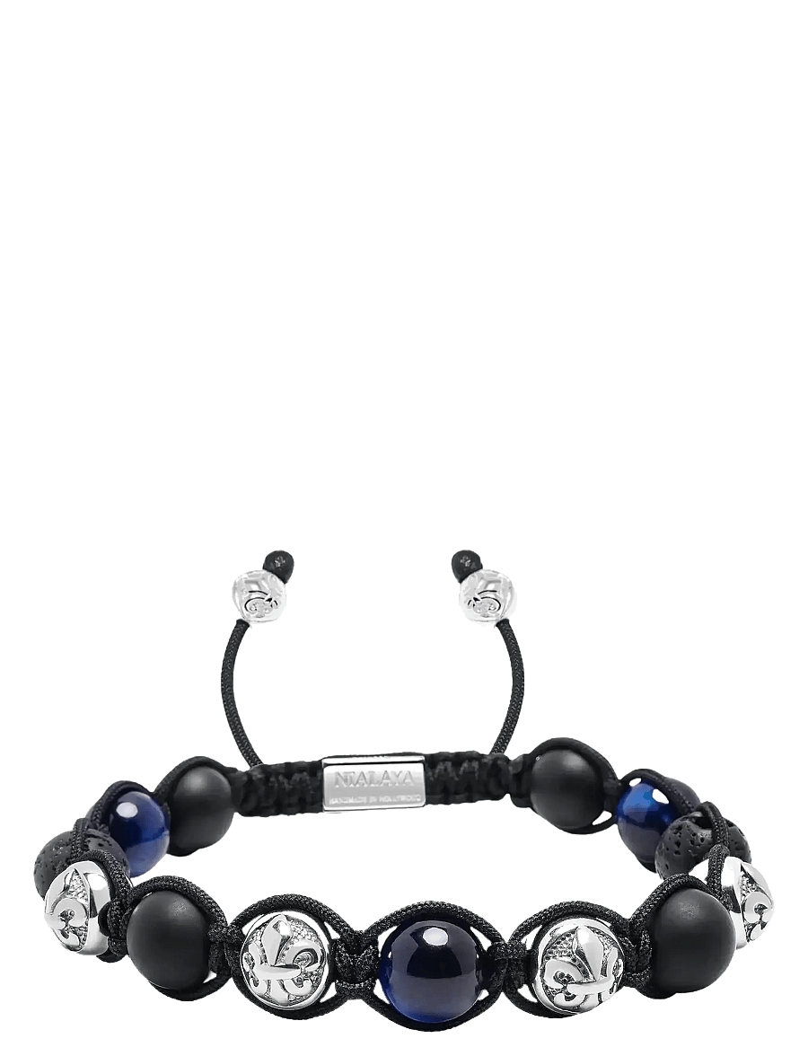 Nialaya - Men's Sterling Silver Beaded Bracelet with Matte Onyx, Lava Stone, and Blue Tiger Eye - armbänder - blue
black - 0