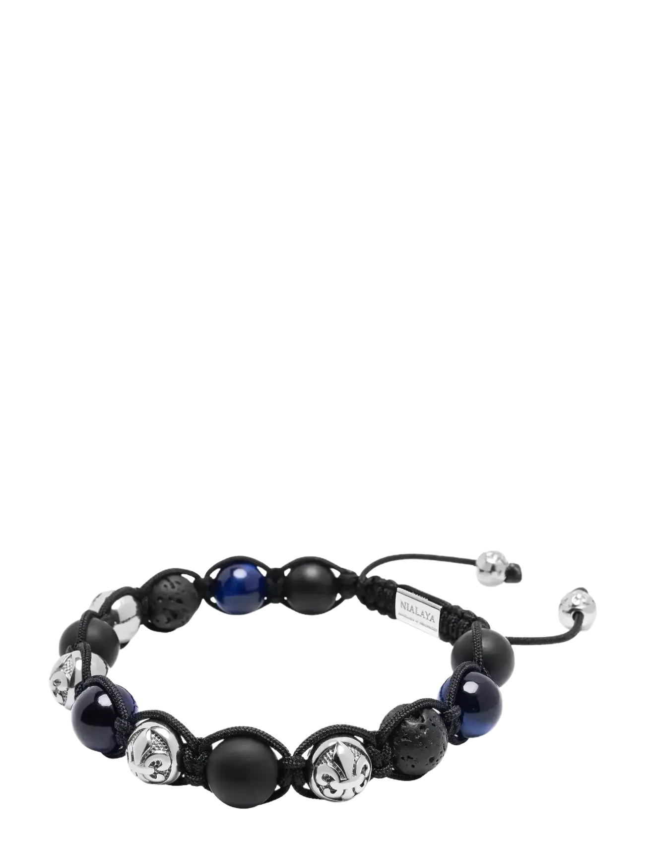 Nialaya - Men's Sterling Silver Beaded Bracelet with Matte Onyx, Lava Stone, and Blue Tiger Eye - bracelets - blue
black - 2