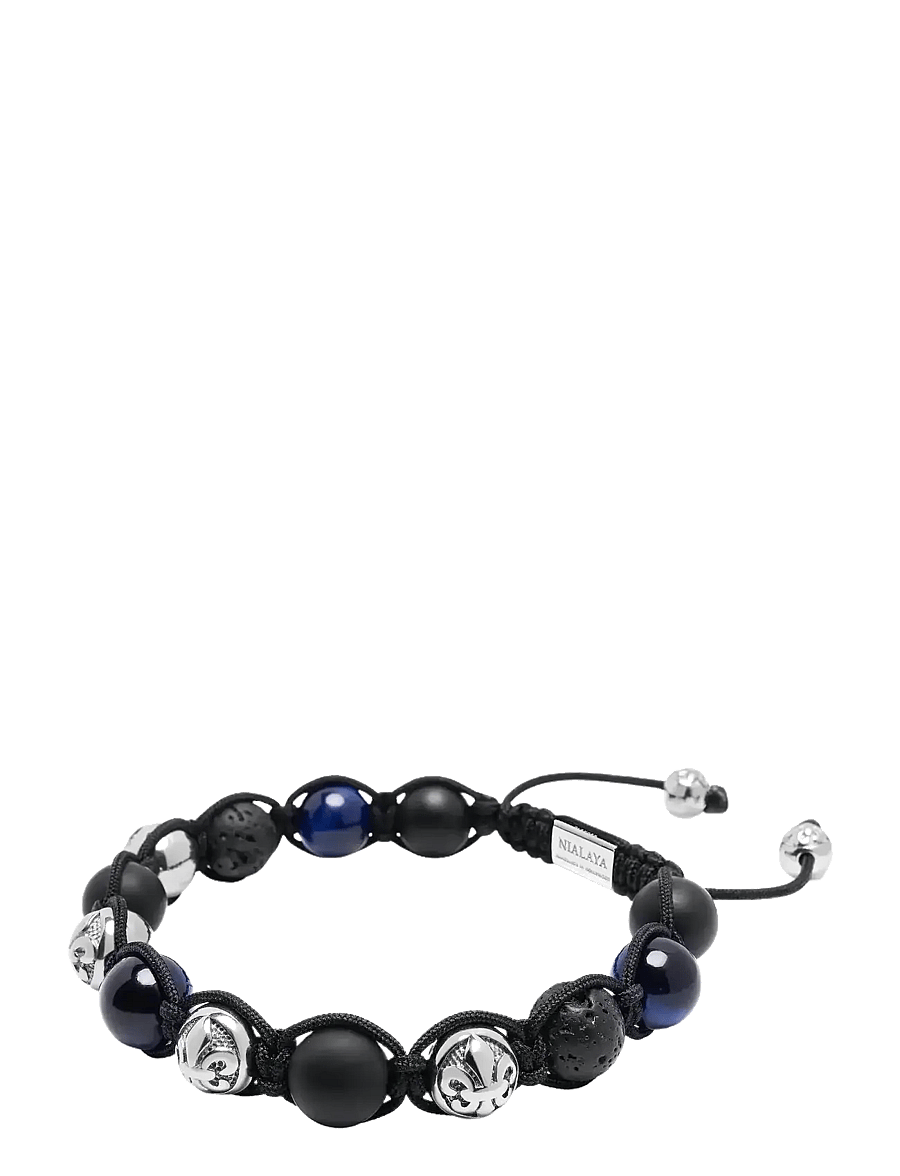 Nialaya - Men's Sterling Silver Beaded Bracelet with Matte Onyx, Lava Stone, and Blue Tiger Eye - armbänder - blue
black - 2