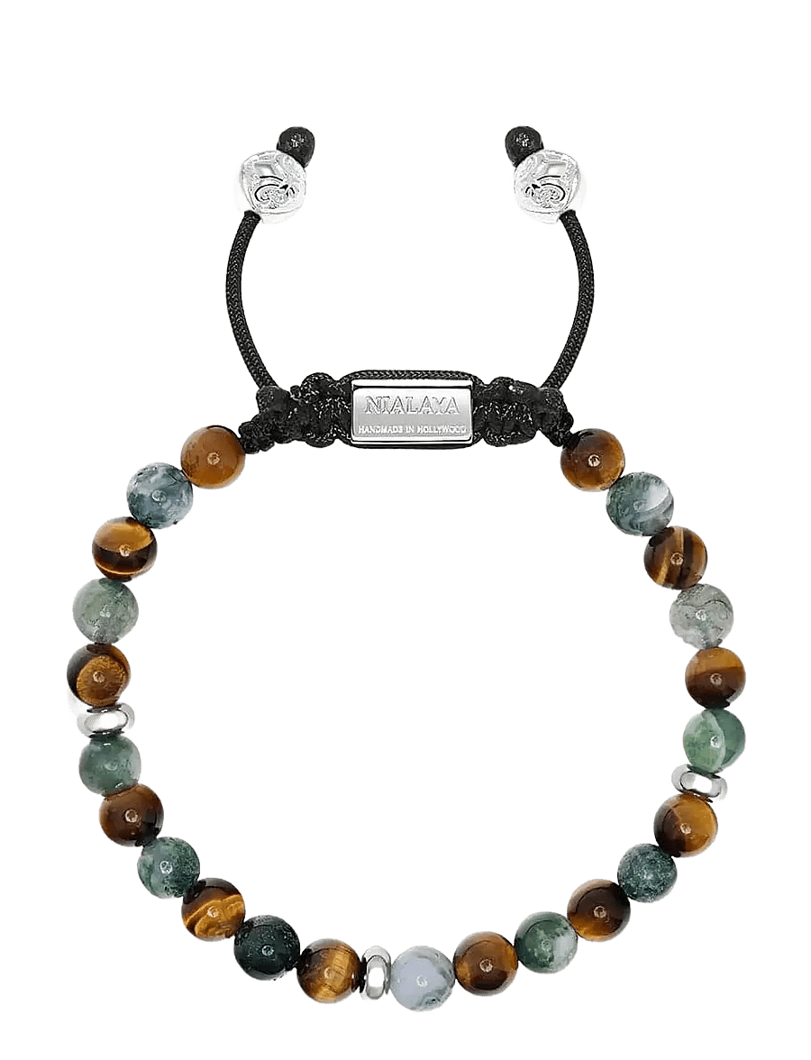 Nialaya - Men's Beaded Bracelet with Aquatic Agate, Brown Tiger Eye and Silver - armbänder - multi - 1