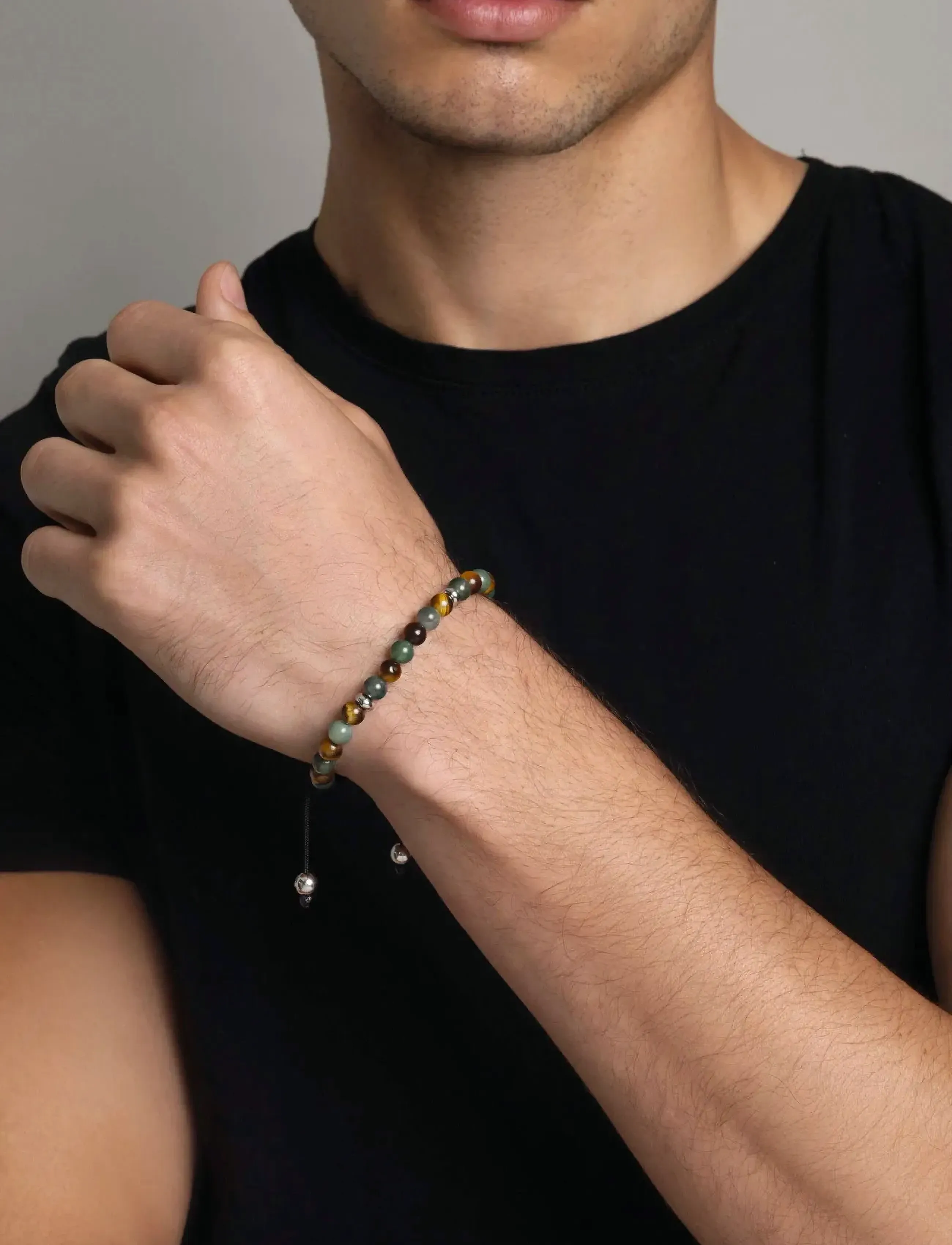 Nialaya Men's Beaded Bracelet With Aquatic Agate, Brown Tiger Eye And Silver, M, Jewellery, Braun - Bracelets, Männerswear