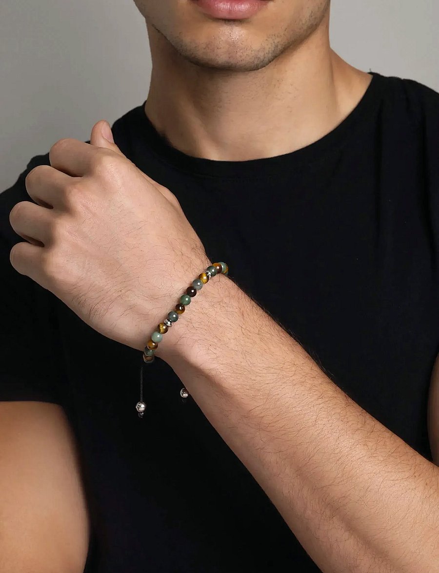Nialaya - Men's Beaded Bracelet with Aquatic Agate, Brown Tiger Eye and Silver - armbänder - multi - 0