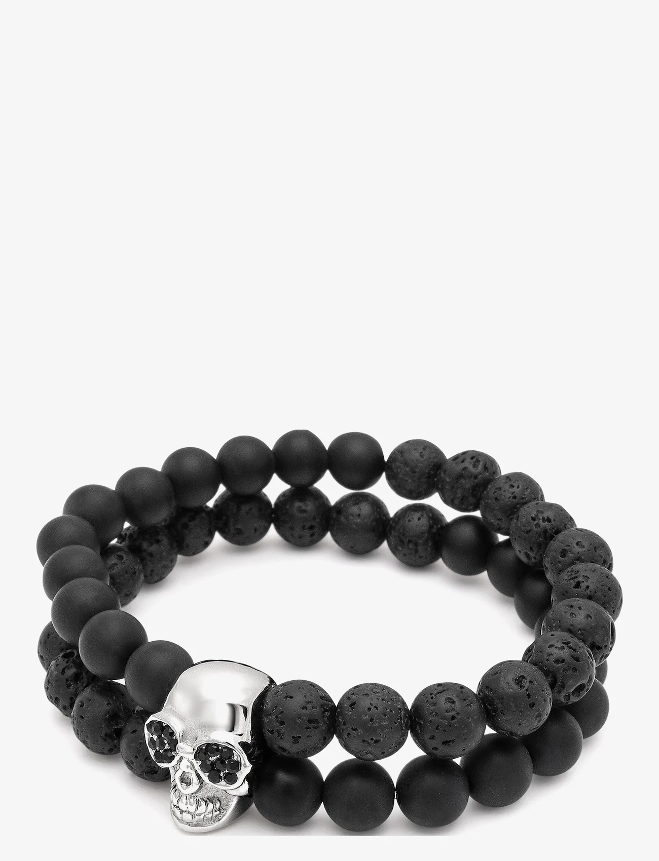 Nialaya - Double Beaded Bracelet with Lava-stone, Onyx and Silver Skull - bursdagsgaver - black - 0