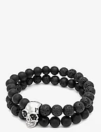 Double Beaded Bracelet with Lava-stone, Onyx and Silver Skull - BLACK