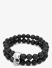 Nialaya - Double Beaded Bracelet with Lava-stone, Onyx and Silver Skull - birthday gifts - black - 0