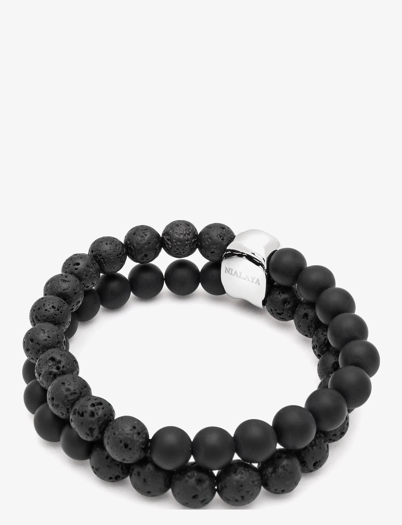 Nialaya - Double Beaded Bracelet with Lava-stone, Onyx and Silver Skull - apyrankės - black - 1