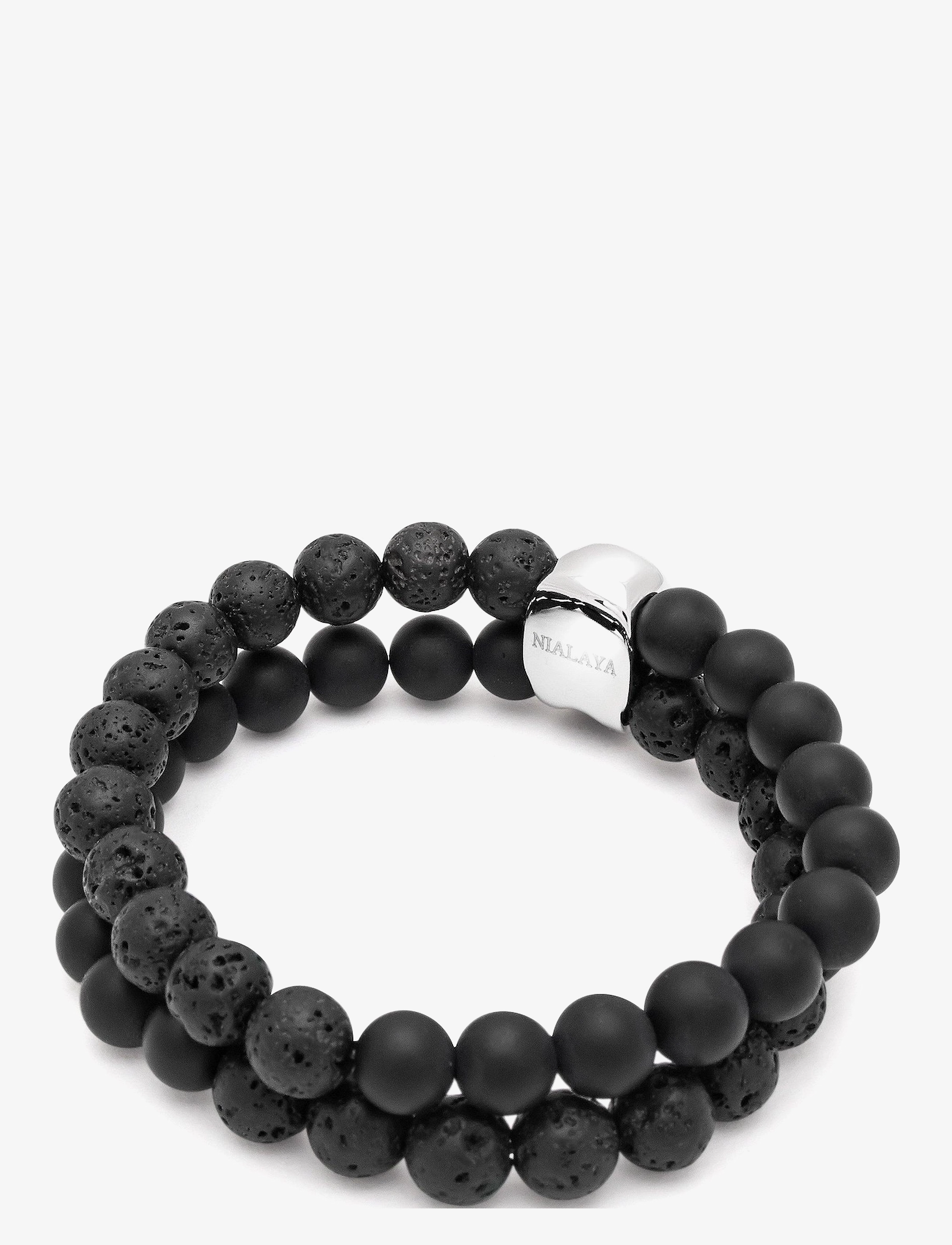 Nialaya - Double Beaded Bracelet with Lava-stone, Onyx and Silver Skull - black - 1