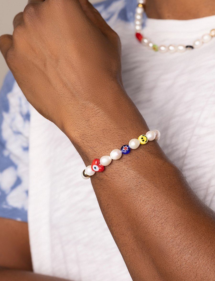 Nialaya - Men's Smiley Face Pearl Bracelet - bracelets - multi - 3