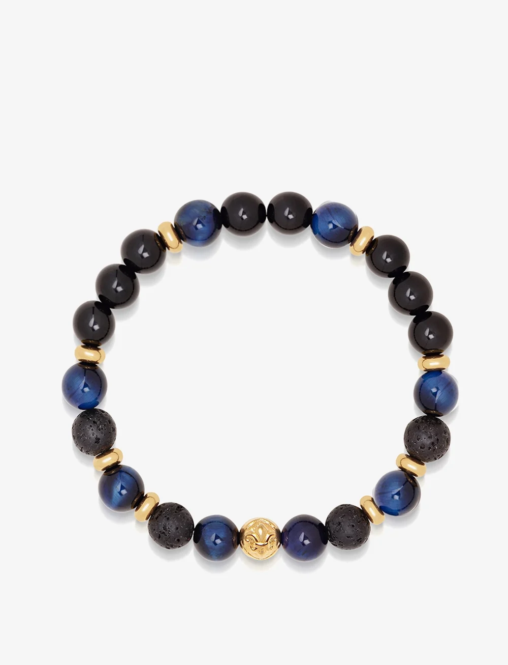 Nialaya - Men's Wristband with Blue Tiger Eye, Black Agate, Lava Stone - armbänder - blue / gold / black - 1
