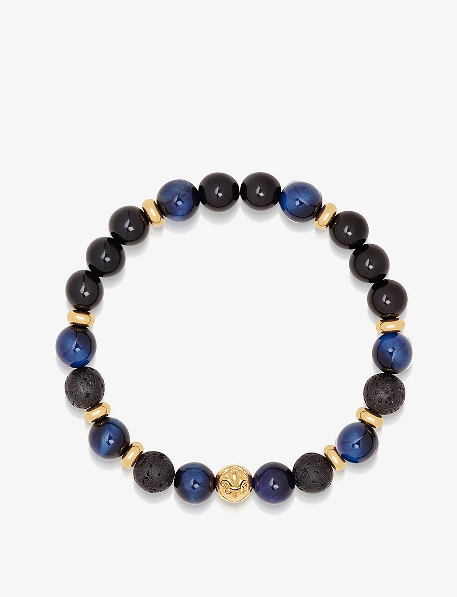 Nialaya - Men's Wristband with Blue Tiger Eye, Black Agate, Lava Stone - bracelets - blue / gold / black - 1
