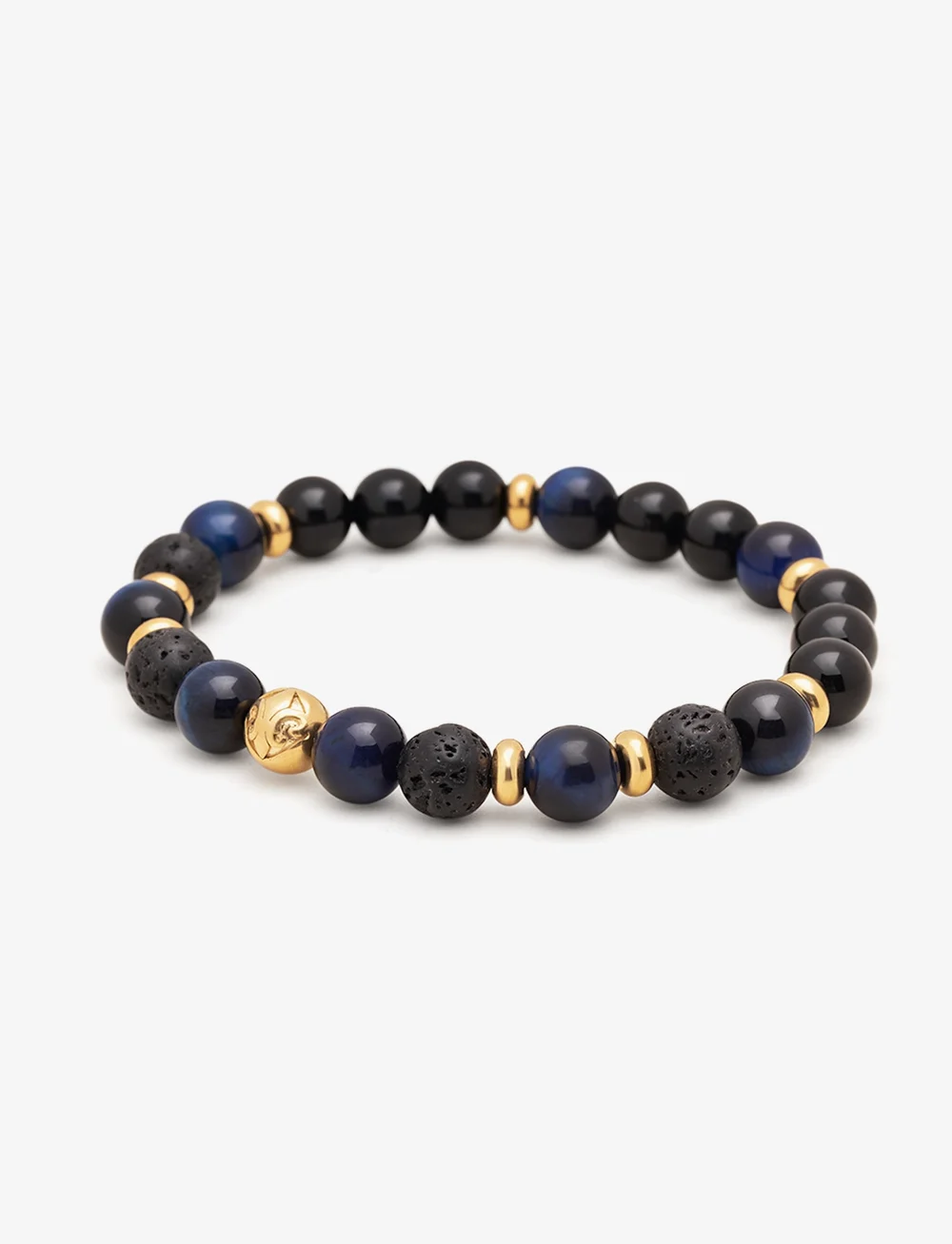Nialaya - Men's Wristband with Blue Tiger Eye, Black Agate, Lava Stone - armbänder - blue / gold / black - 2