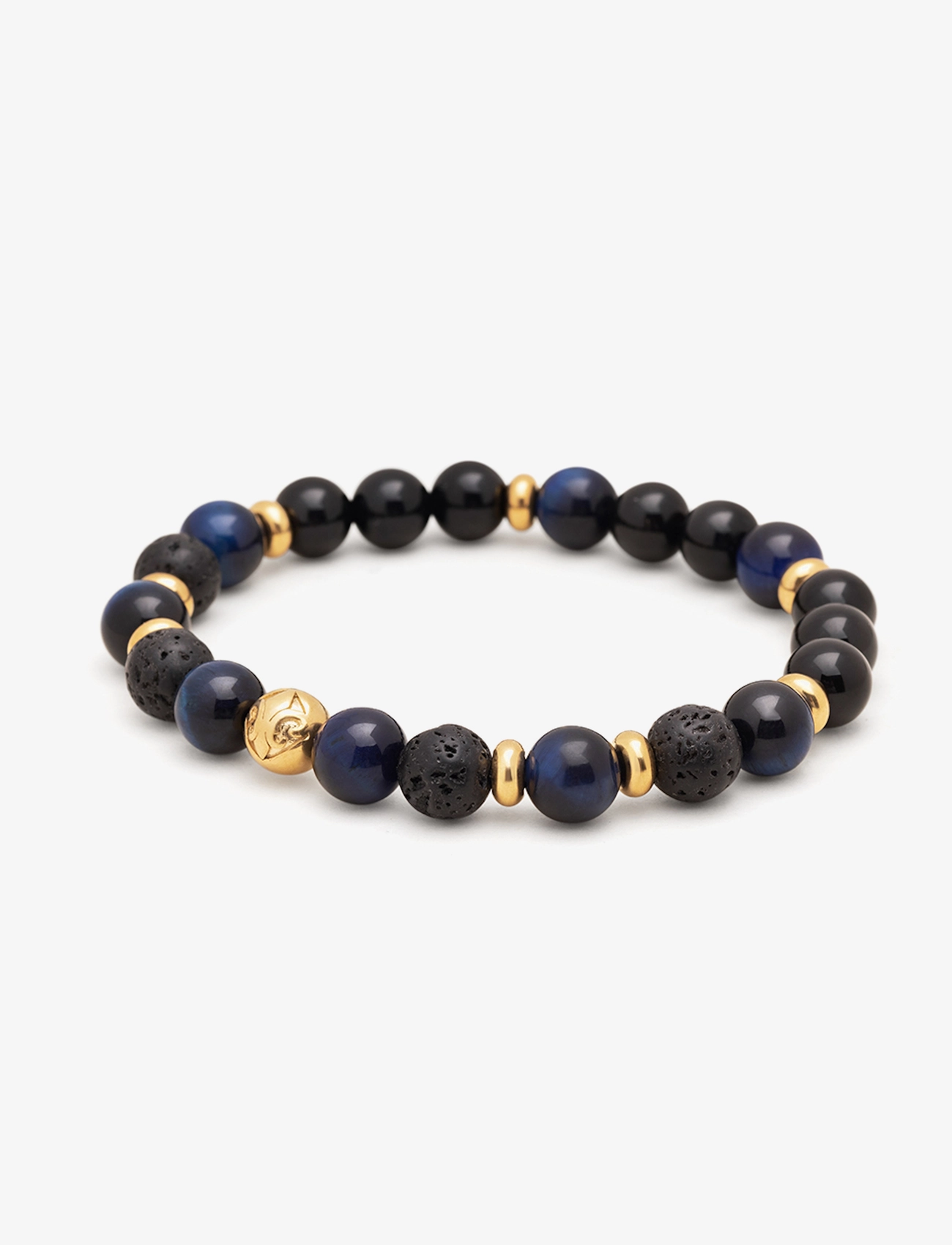 Nialaya - Men's Wristband with Blue Tiger Eye, Black Agate, Lava Stone - armbånd - blue / gold / black - 2