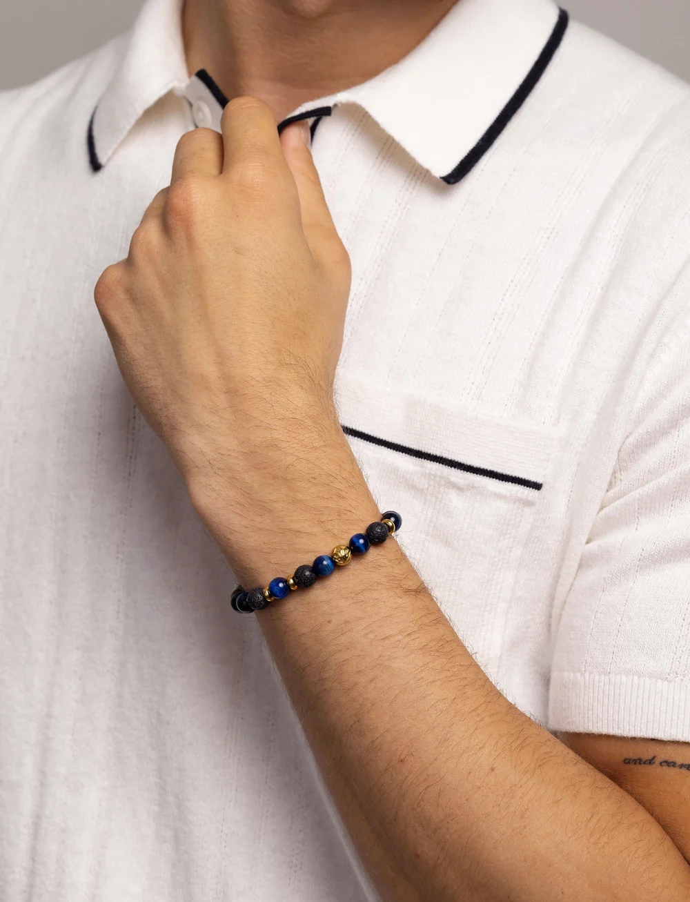 Nialaya - Men's Wristband with Blue Tiger Eye, Black Agate, Lava Stone - armbänder - blue / gold / black - 0