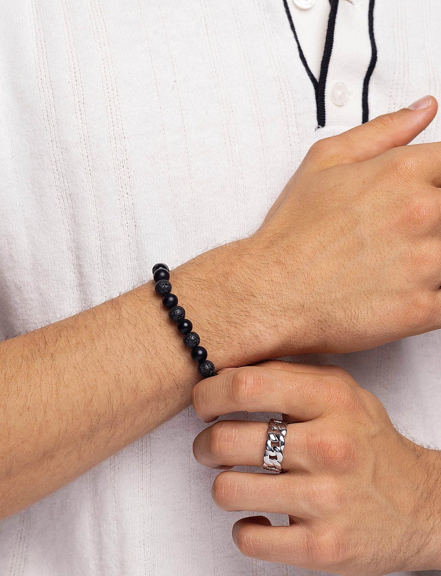 Nialaya - Men's Wristband with Lava Stone, Matte Onyx and Black Logo Ball - armband - black - 0