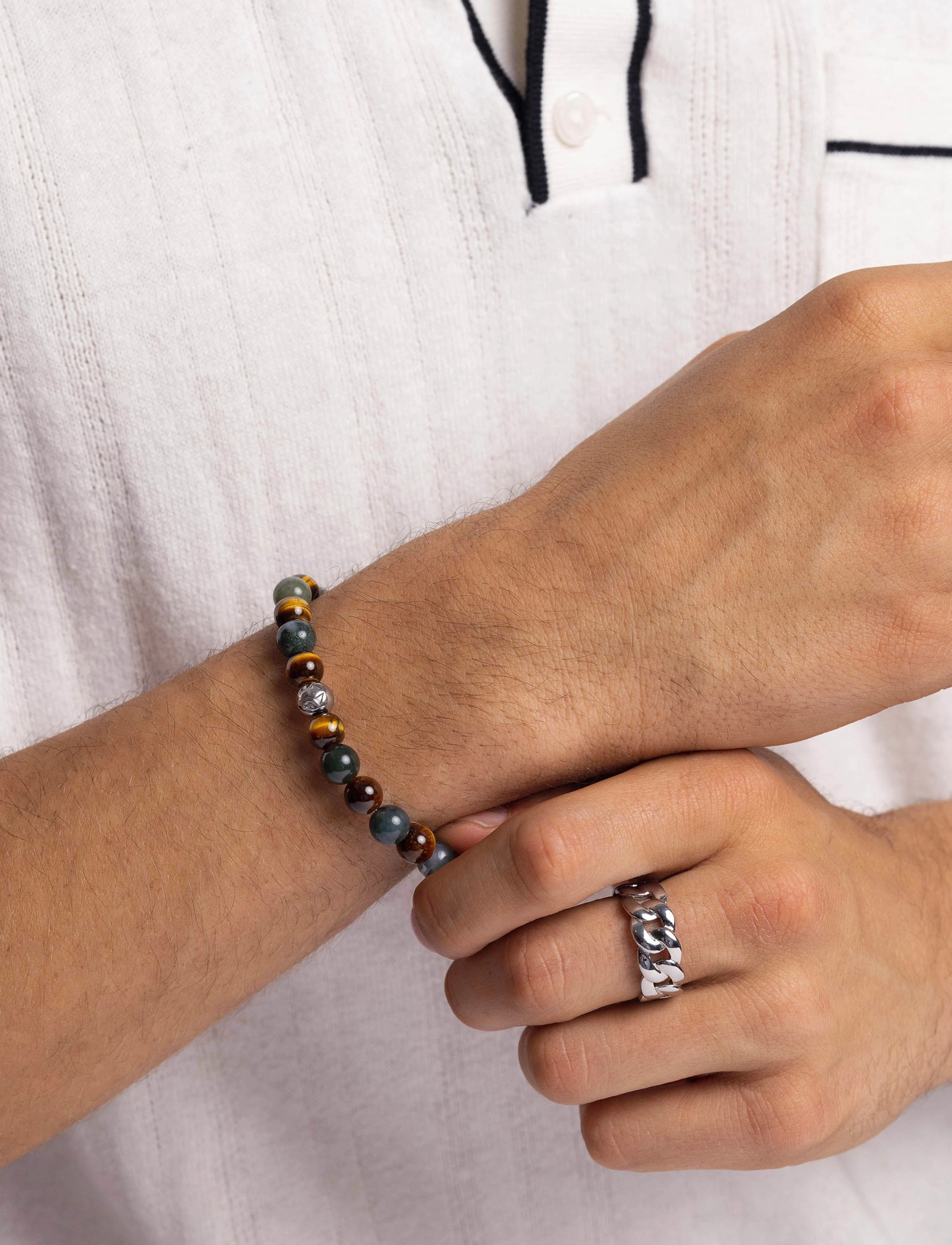 Nialaya Men's Wristband With Aquatic Agate, Brown Tiger Eye And Silv, L 18 cm, Jewellery, Braun - Bracelets, Männerswear